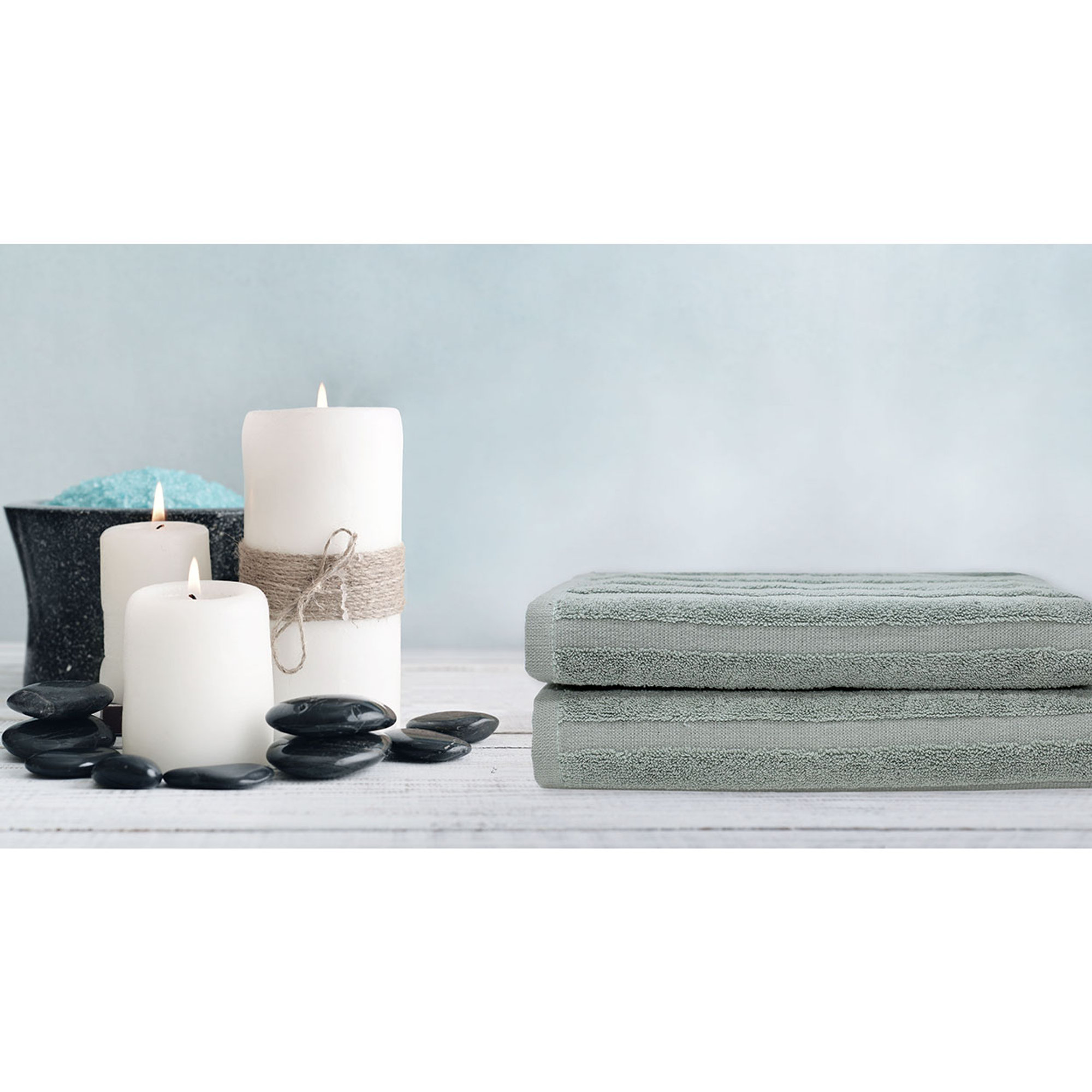 SALLYHORIZON Set spugna 100% cotone ospite + salvietta, salvia Avvolgente cotone vista1