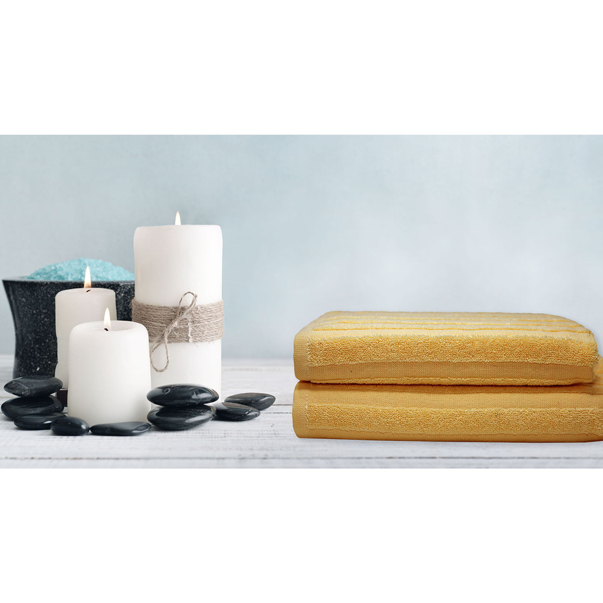 SALLYHORIZON Set spugna 100% cotone ospite + salvietta, senape Avvolgente cotone vista1