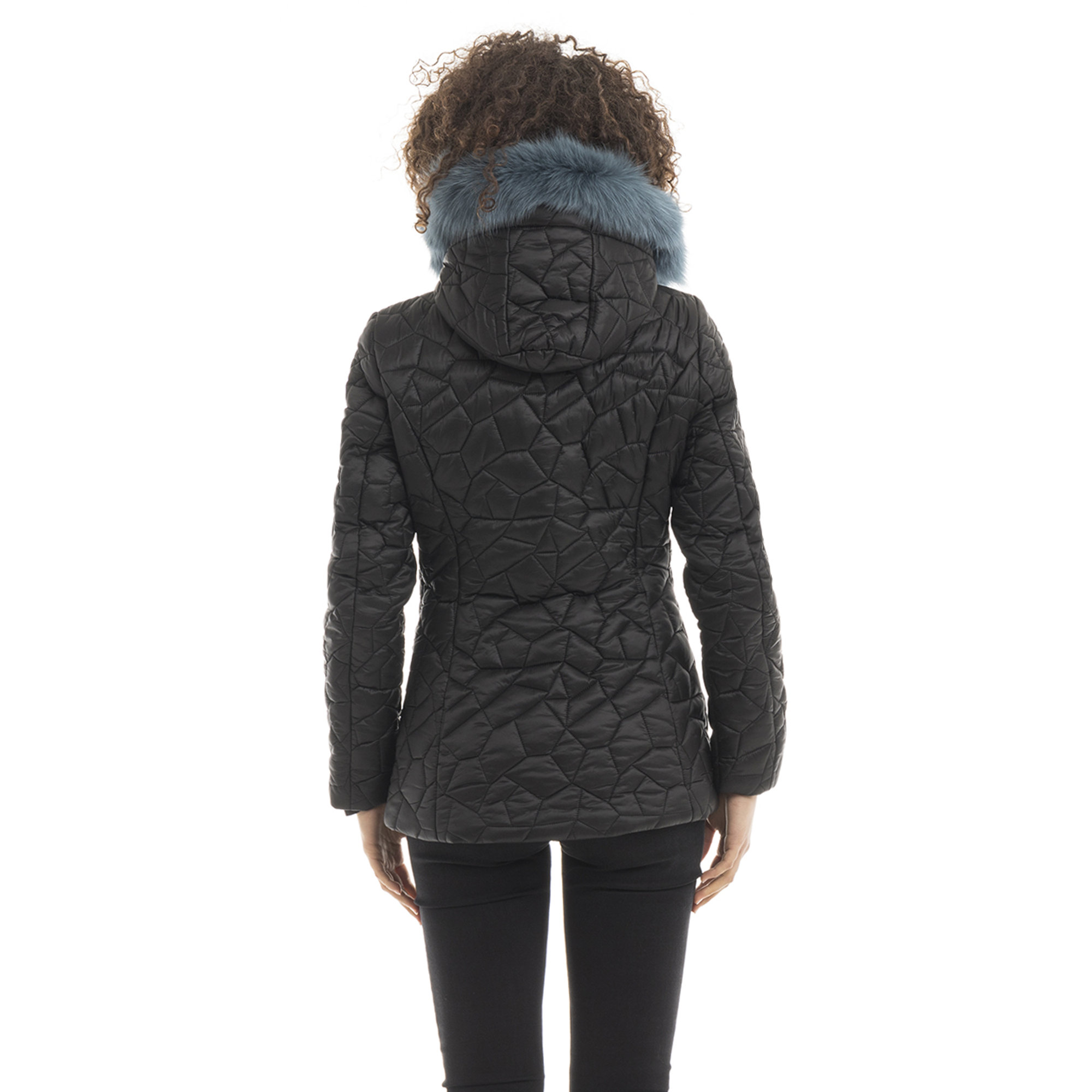 Piumino corto Elise con cappuccio bordato in pelliccia nero Refrigiwear vista1