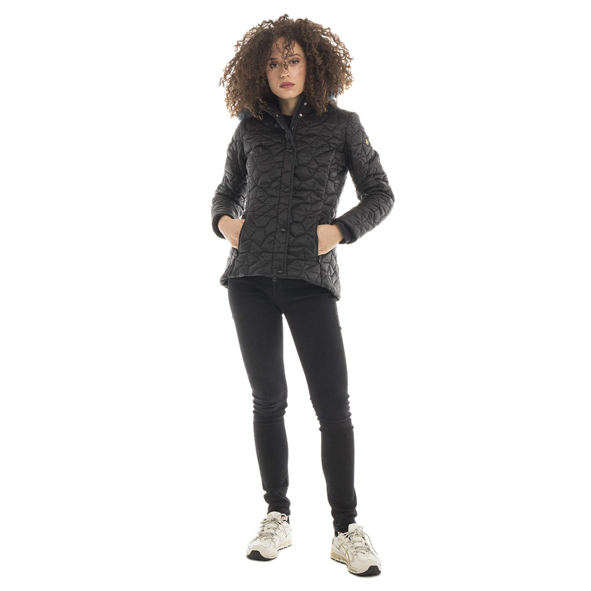 Piumino corto Elise con cappuccio bordato in pelliccia nero Refrigiwear vista2