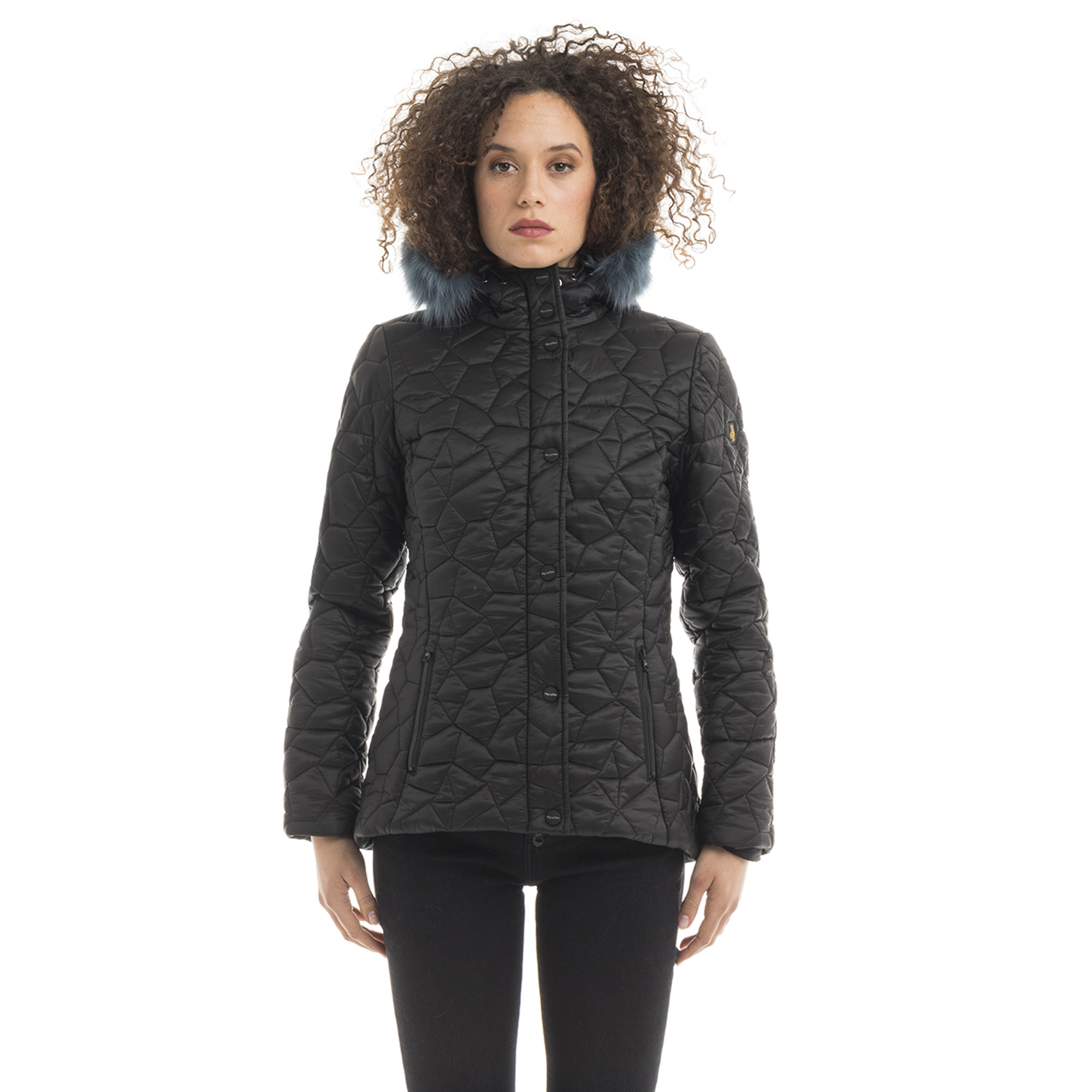 Piumino corto Elise con cappuccio bordato in pelliccia nero Refrigiwear vista0