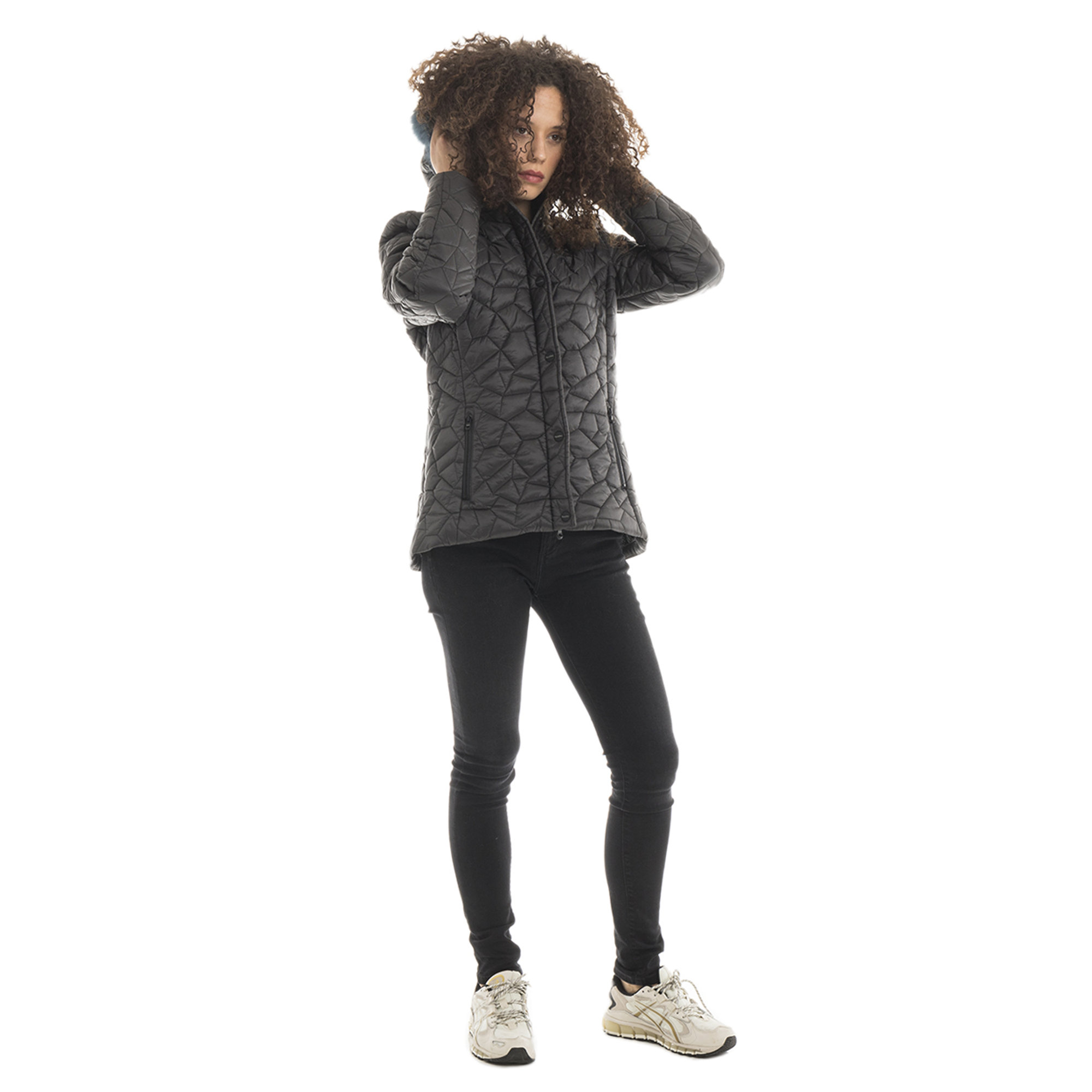 Piumino corto Elise con cappuccio bordato in pelliccia antracite Refrigiwear vista2