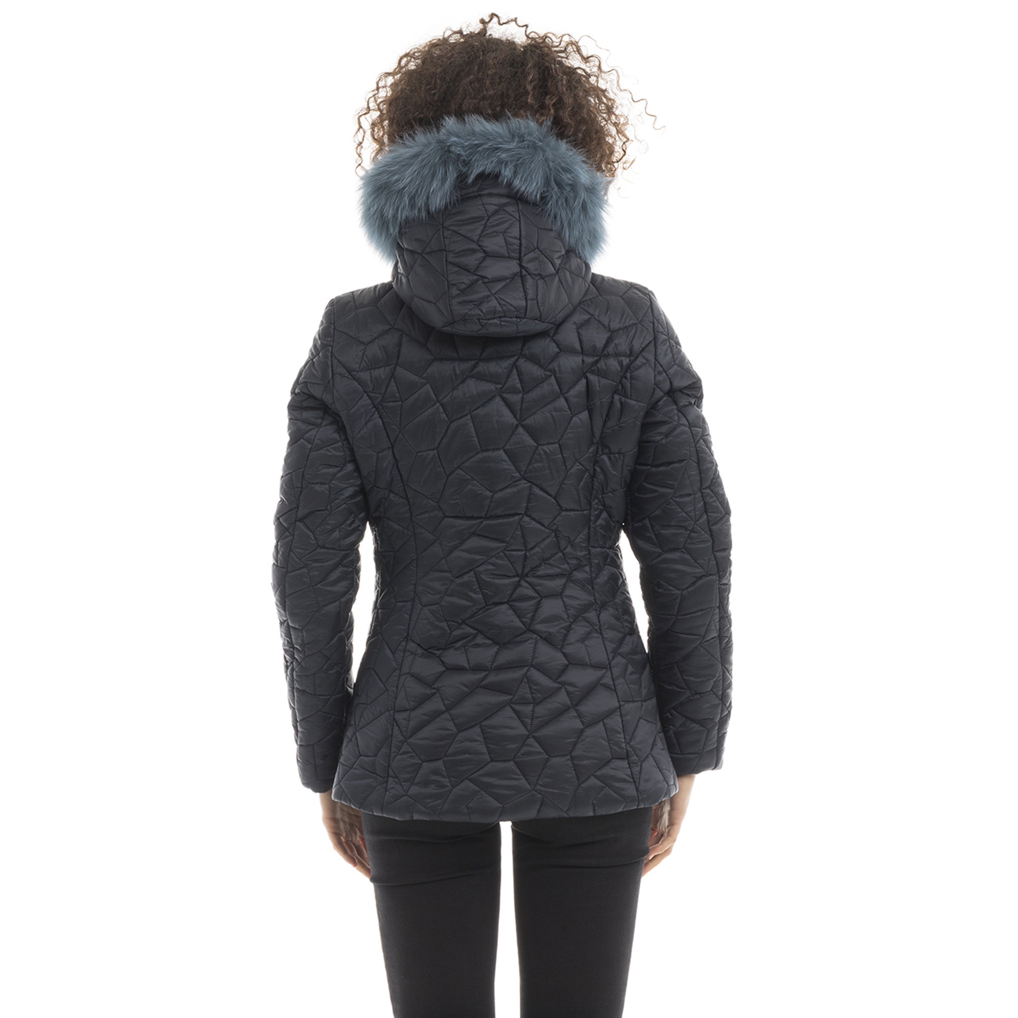 Piumino corto Elise con cappuccio bordato in pelliccia blu notte Refrigiwear vista1