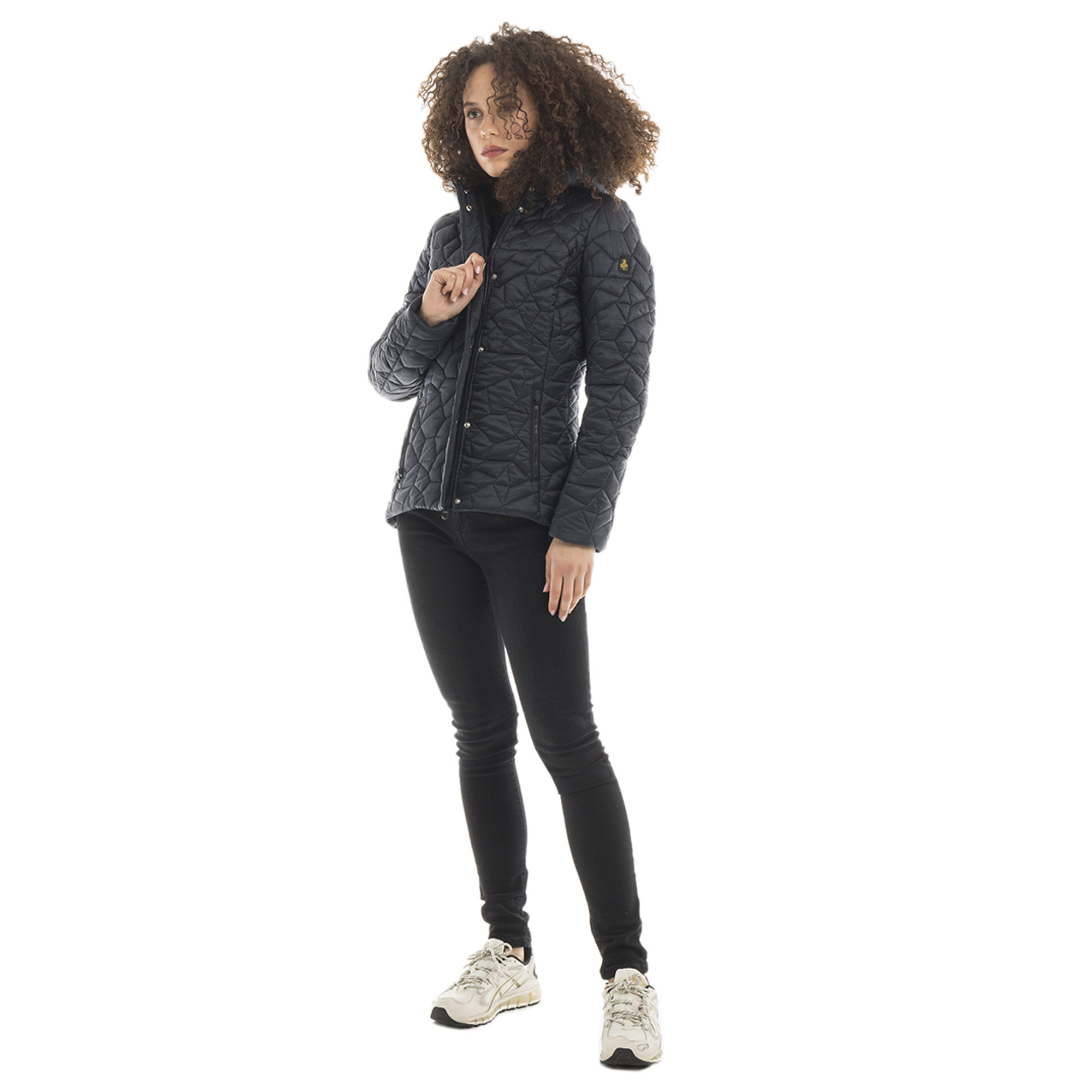 Piumino corto Elise con cappuccio bordato in pelliccia blu notte Refrigiwear vista2