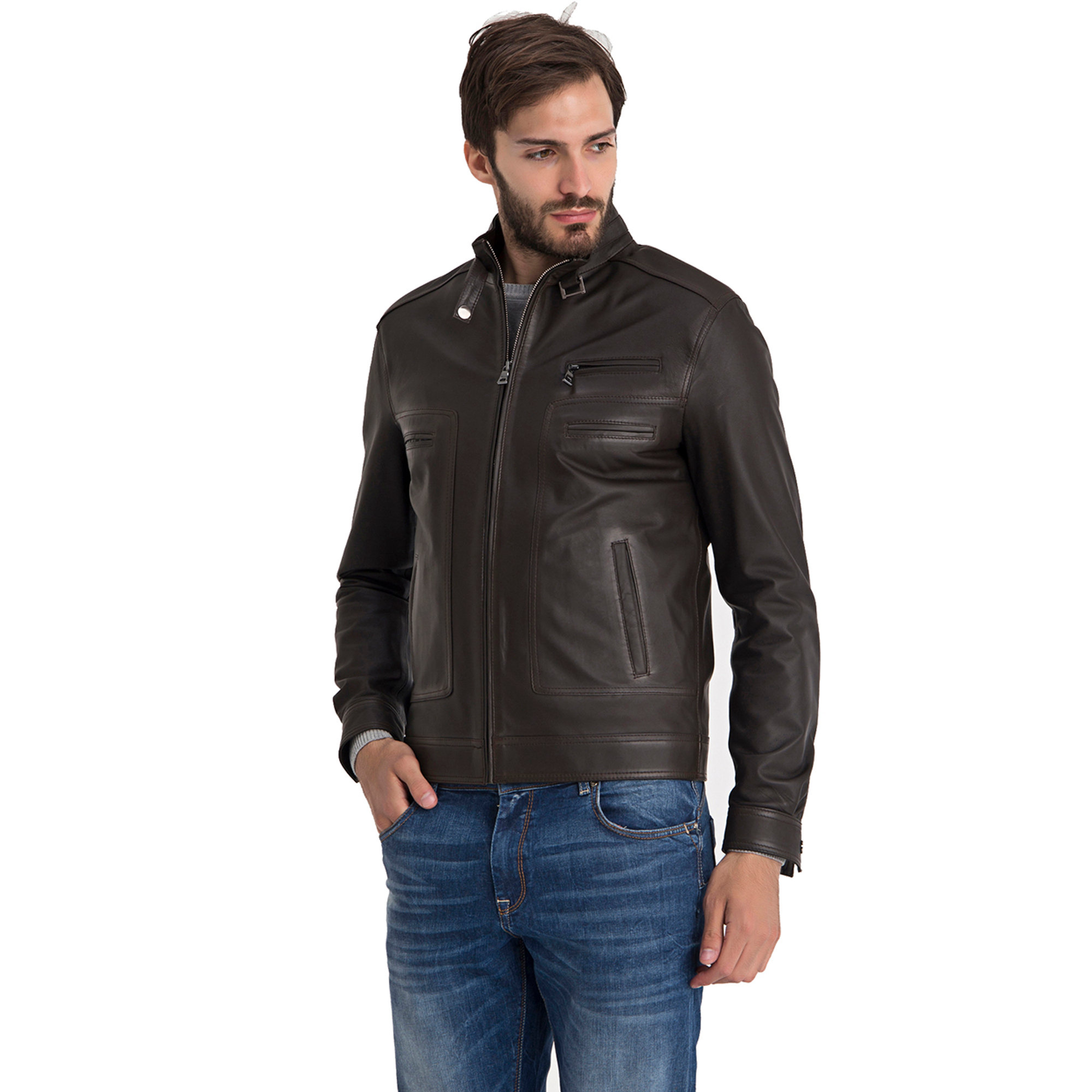 Giacca in pelle marrone scuro con dettaglio zip Iparelde vista3