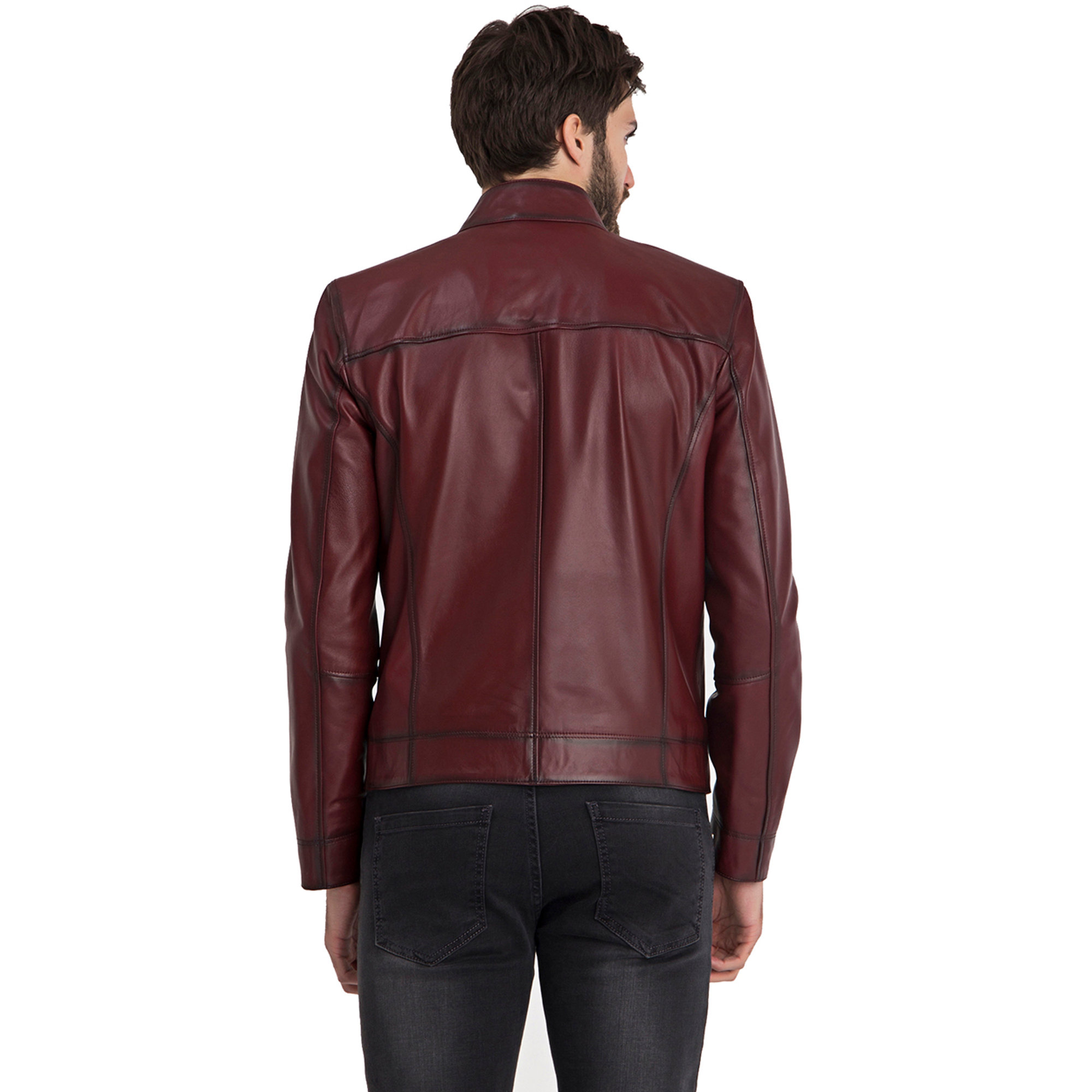Giacca in pelle bordeaux con tasca laterale Iparelde vista3
