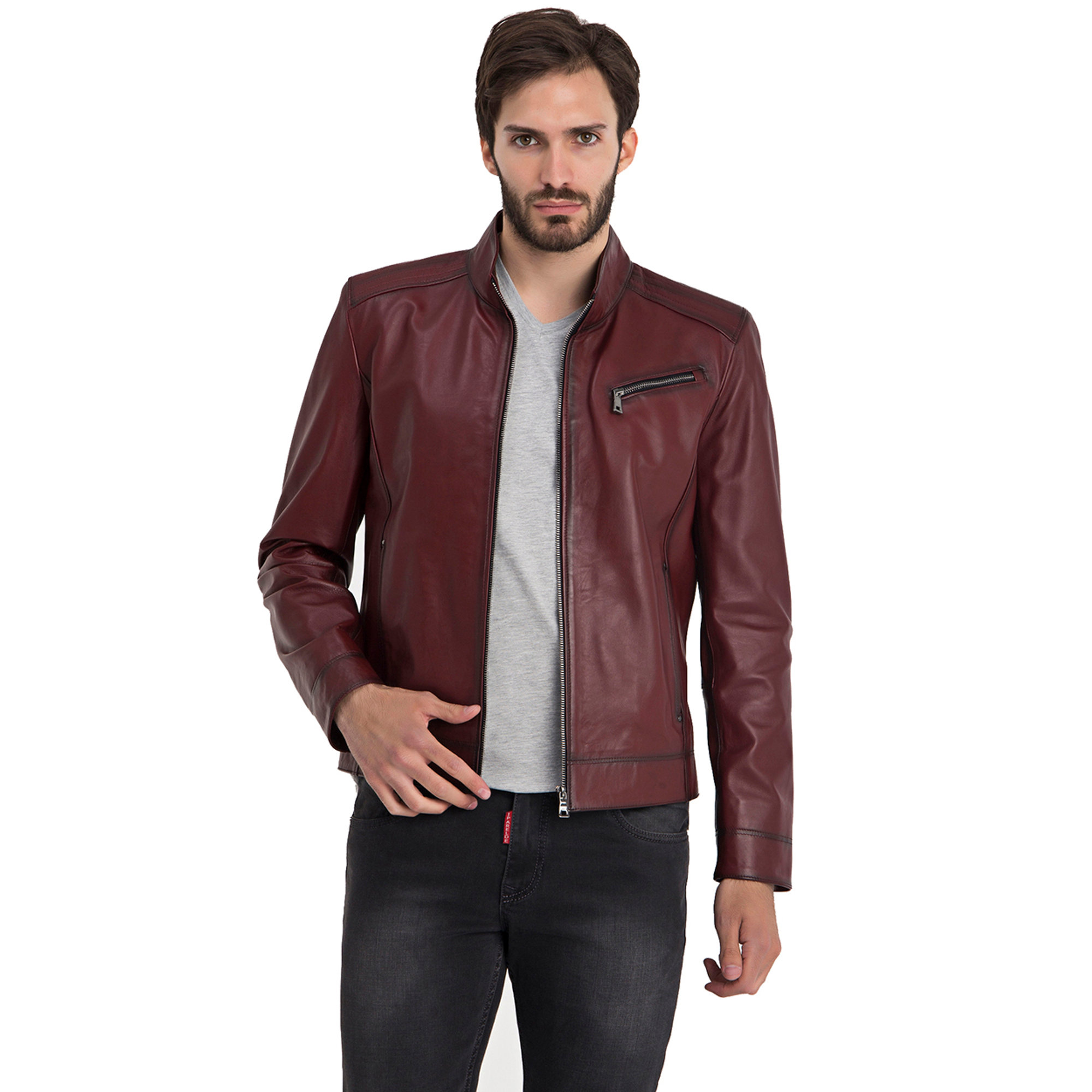 Giacca in pelle bordeaux con tasca laterale Iparelde vista4