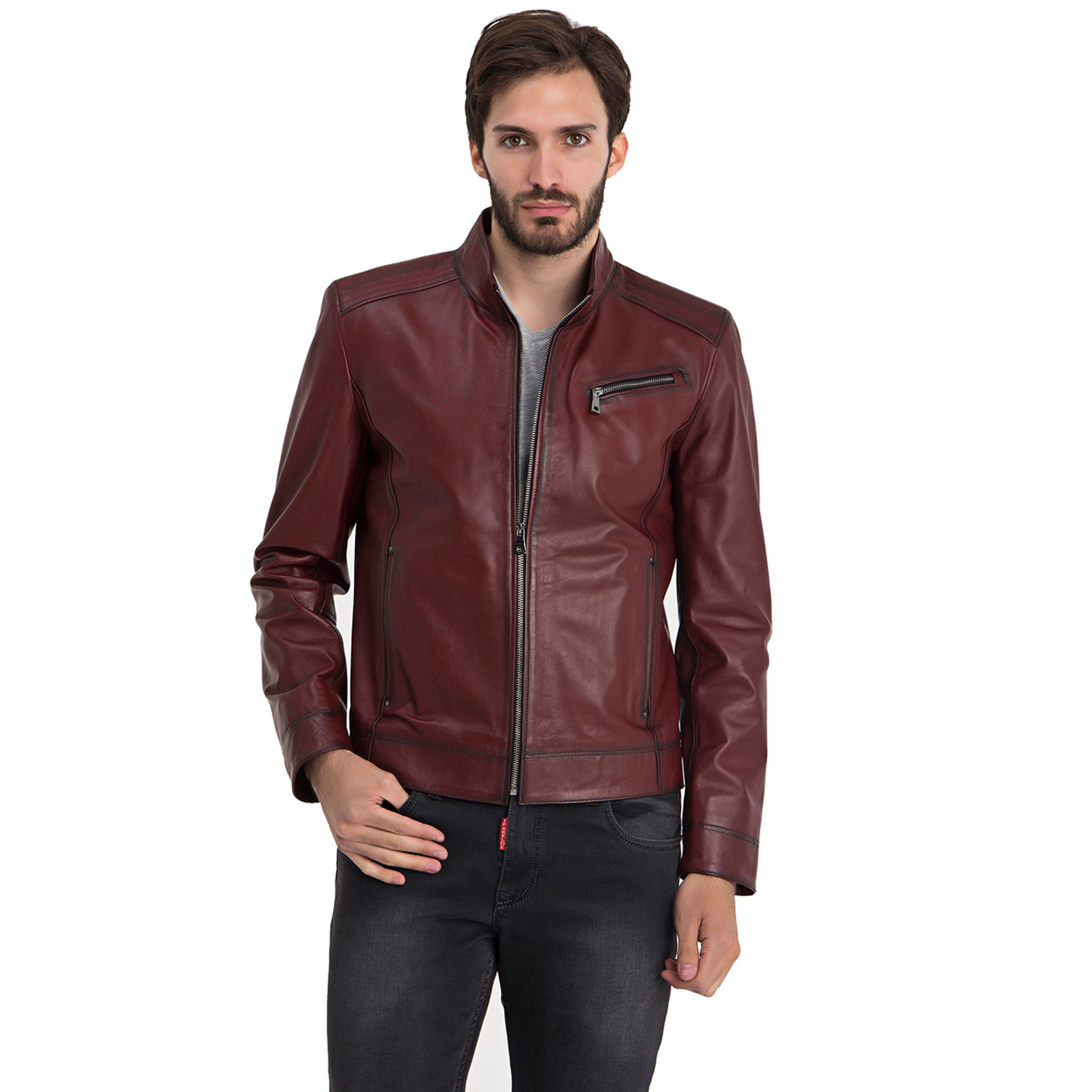 Giacca in pelle bordeaux con tasca laterale Iparelde vista0
