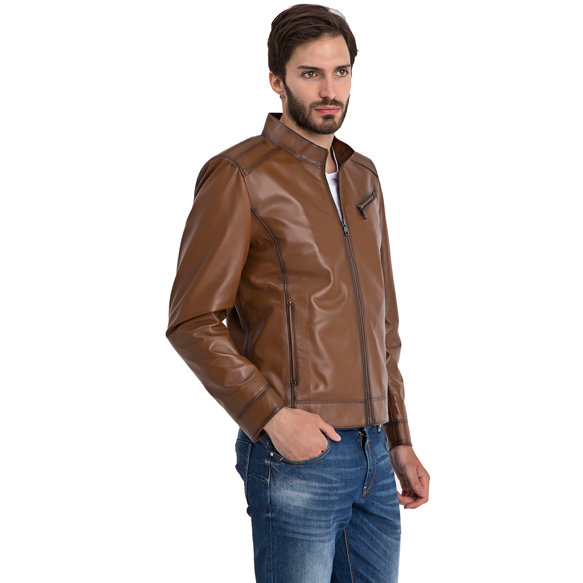 Giacca in pelle marrone chiaro con tasca laterale Iparelde vista2