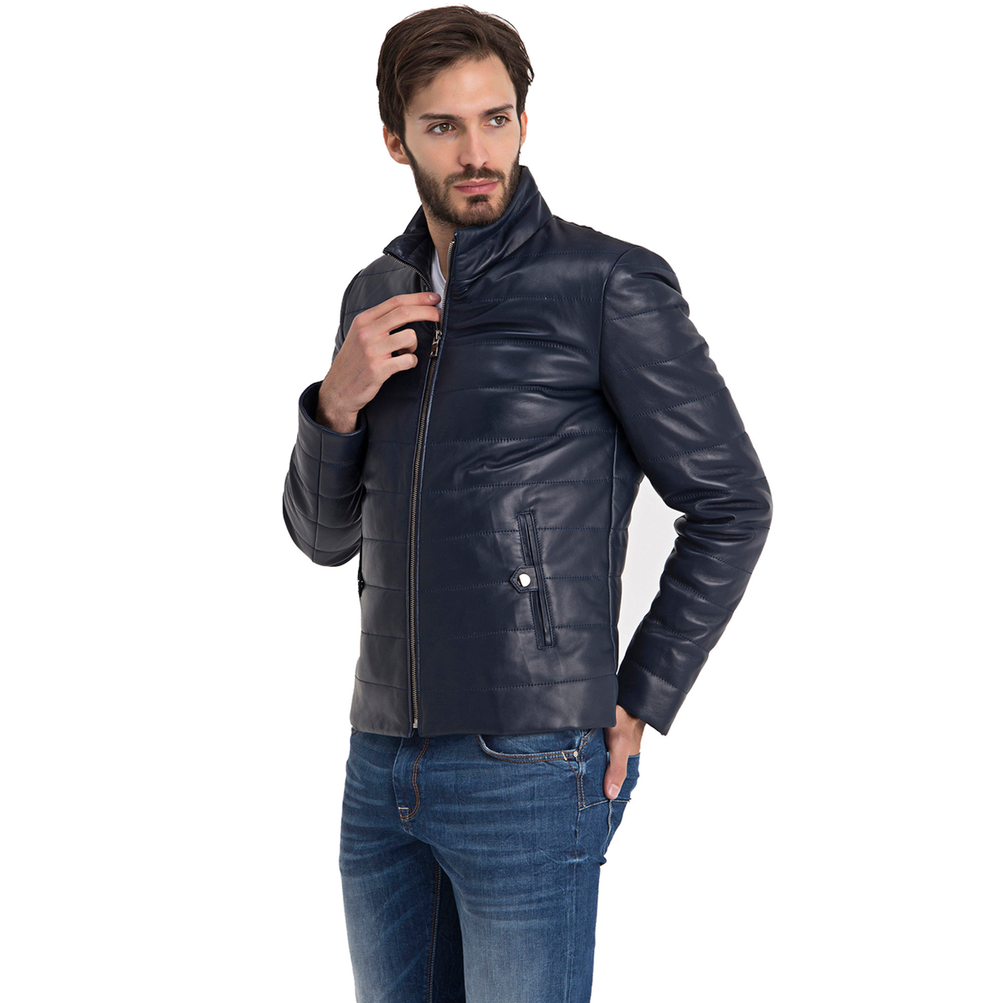 Piumino n pelle con cappuccio blu scuro Iparelde vista2
