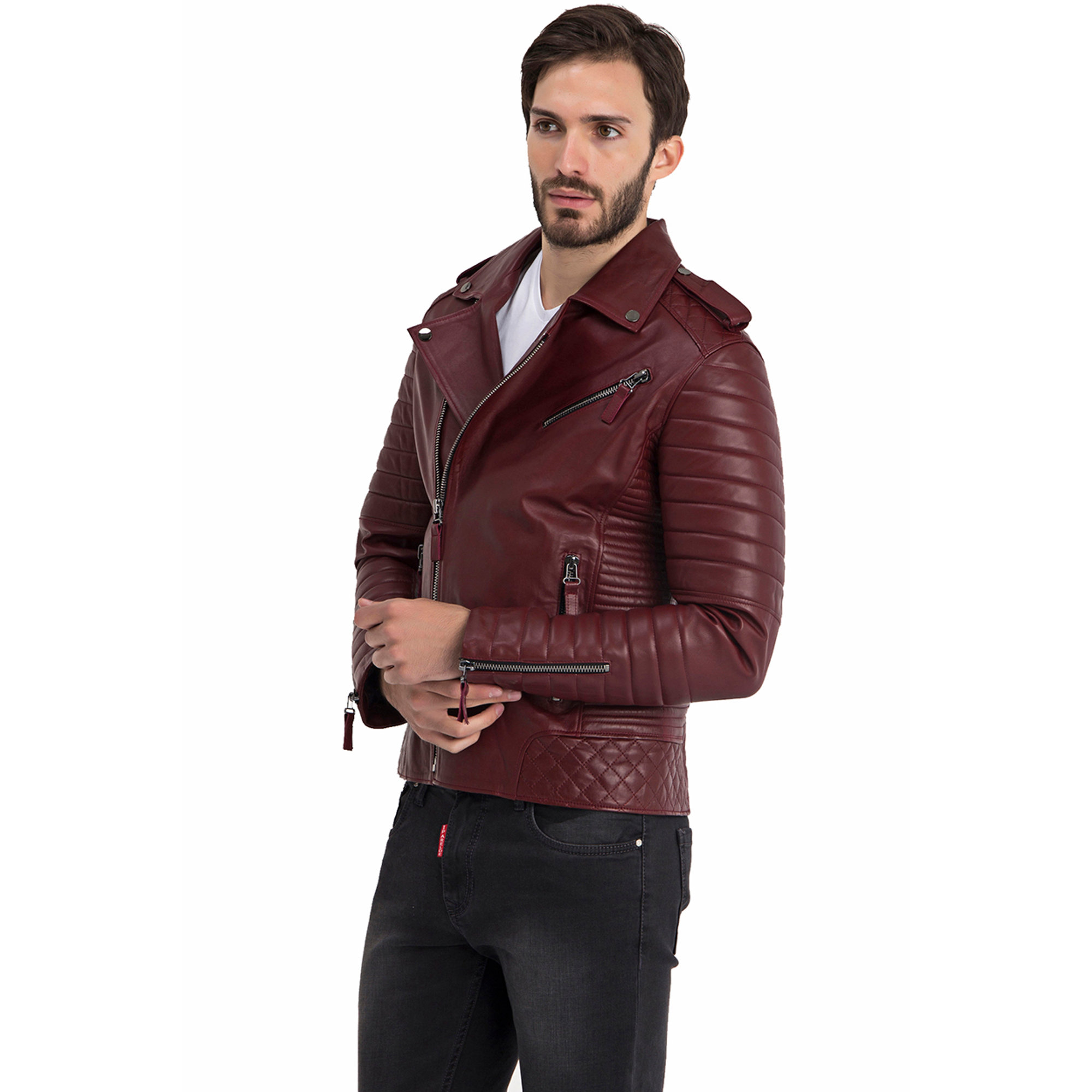 Giacca biker bordeaux con dettaglio zip ai polsi Iparelde vista1