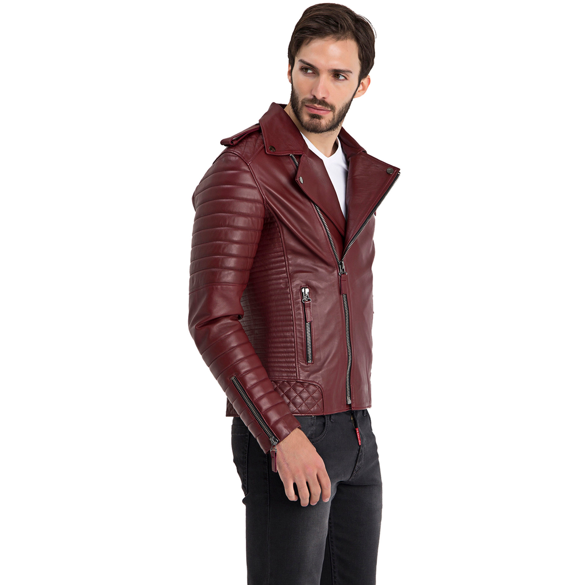 Giacca biker bordeaux con dettaglio zip ai polsi Iparelde vista2