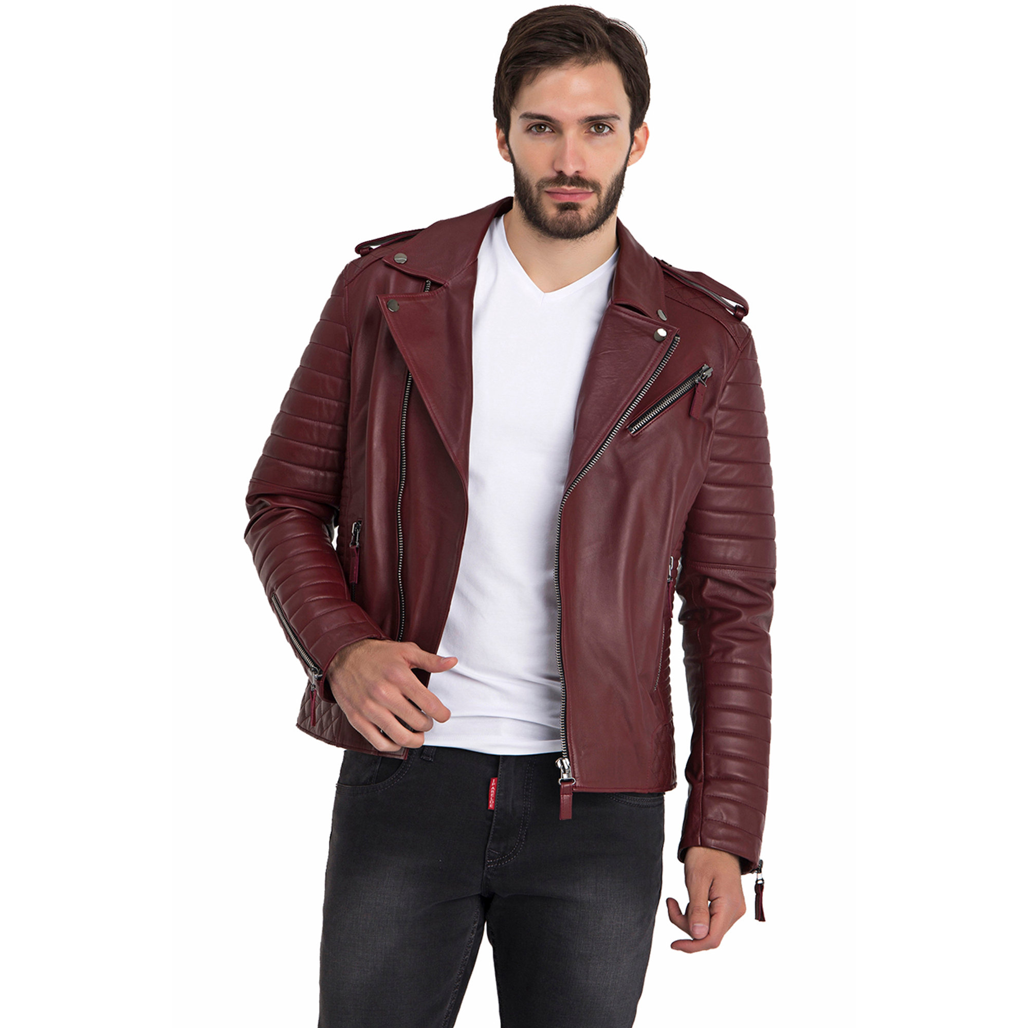 Giacca biker bordeaux con dettaglio zip ai polsi Iparelde vista4