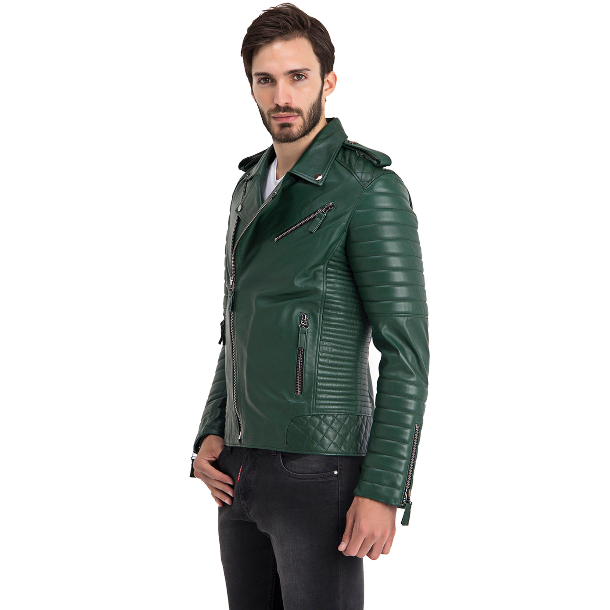 Giacca biker verde con dettaglio zip ai polsi Iparelde vista1