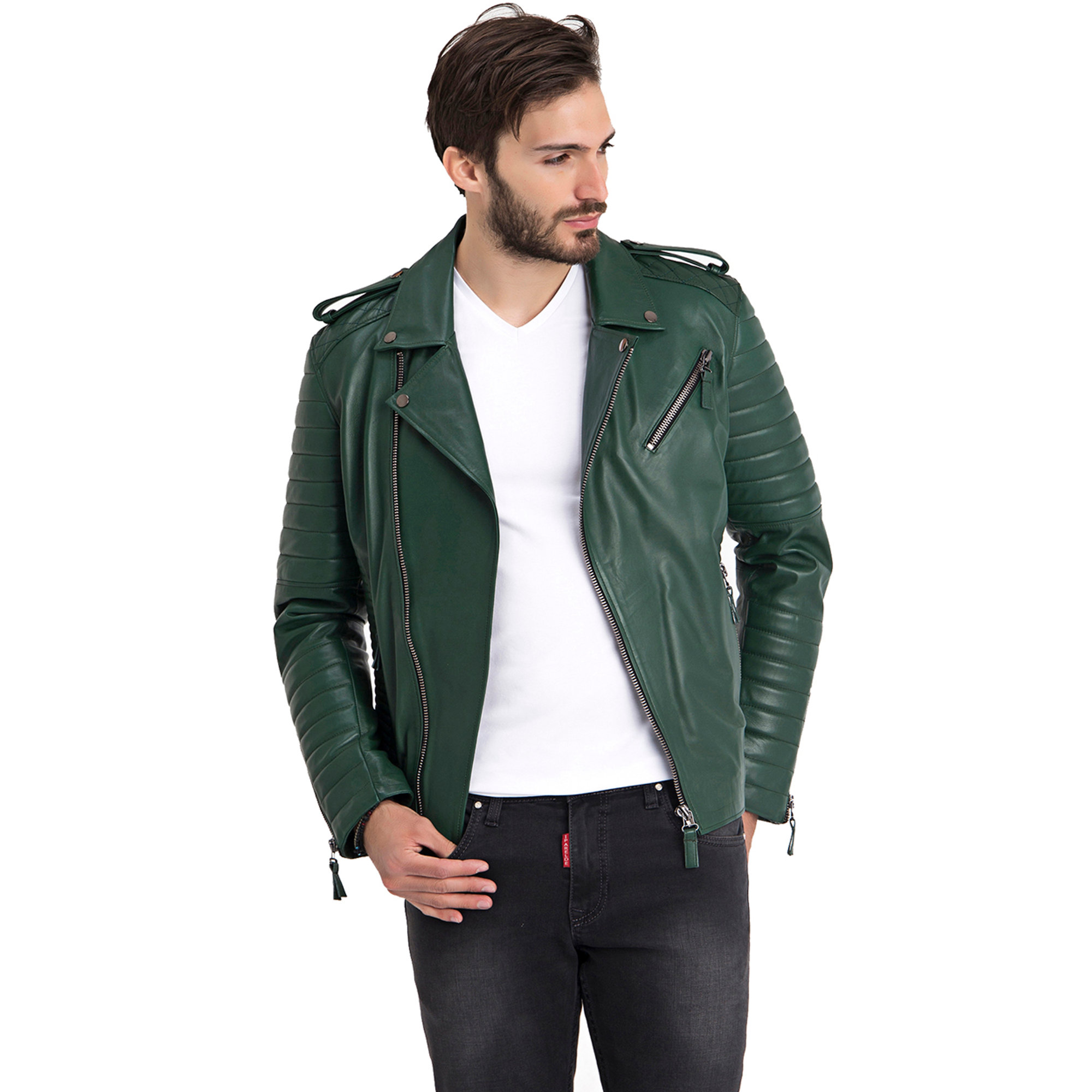 Giacca biker verde con dettaglio zip ai polsi Iparelde vista2
