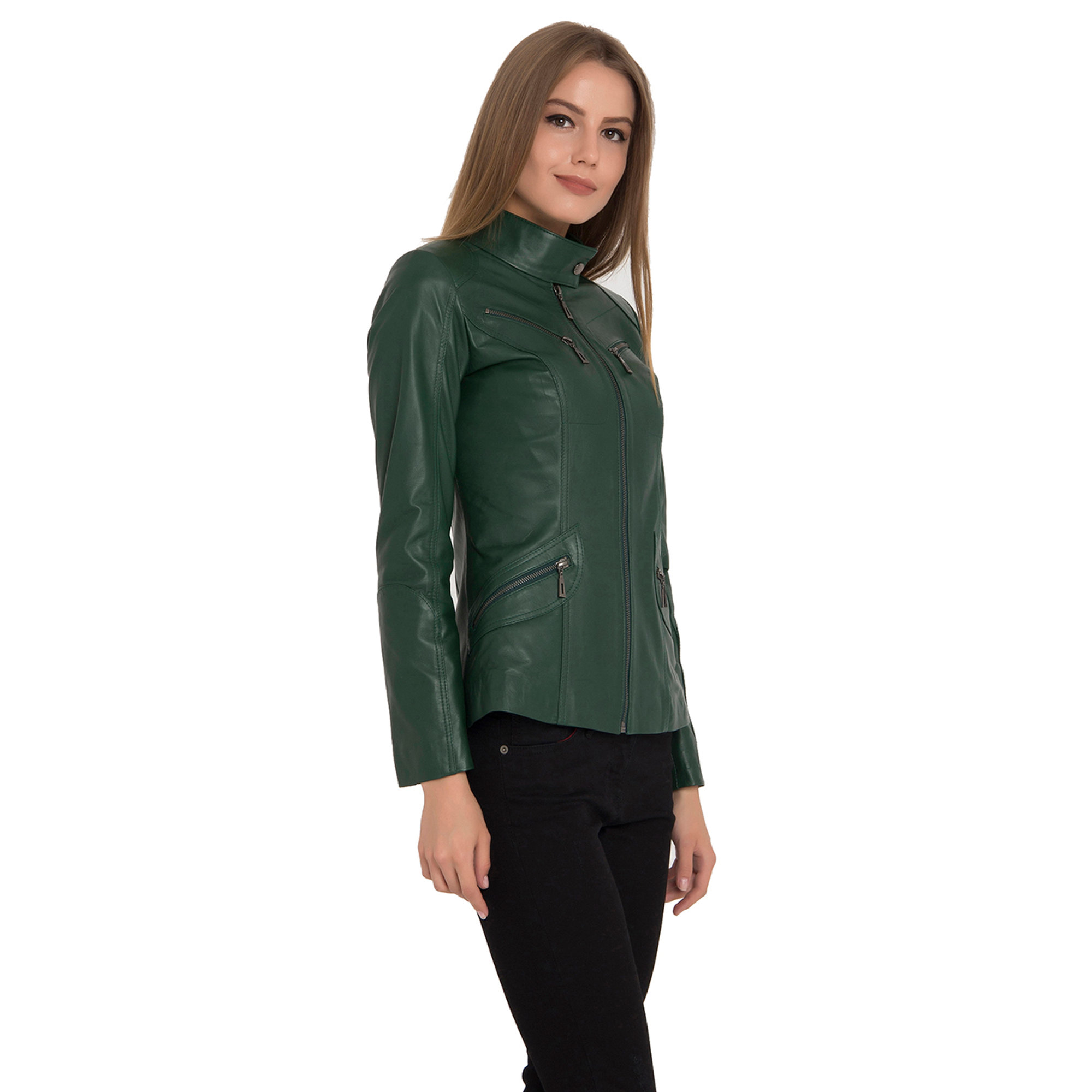 Giacca  verde  svasata in pelle  con zip Iparelde vista2