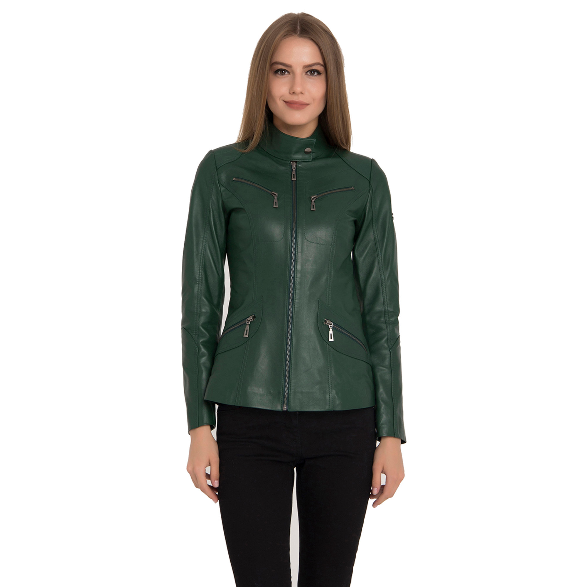 Giacca  verde  svasata in pelle  con zip Iparelde vista0