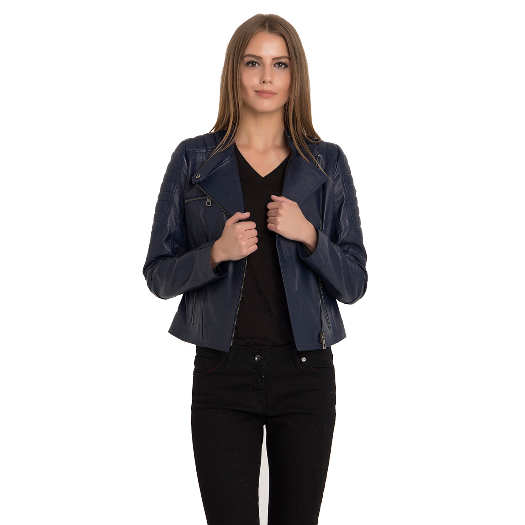 Giacca biker in pelle blu scuro Iparelde vista2