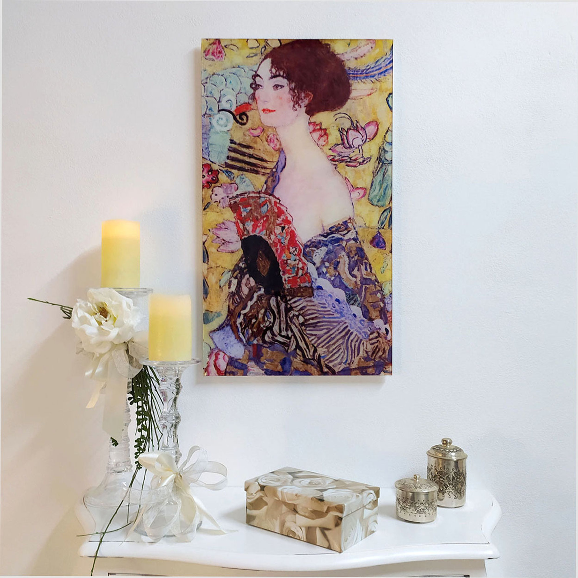 OPERE D'ARTE SU VETRO - Quadro con lavorazione in finitura bianca - Klimt Lady with fan Florence Glass vista1