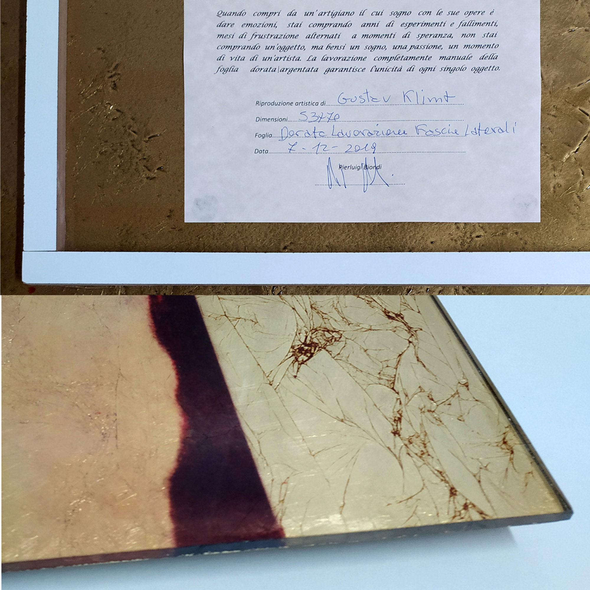 OPERE D'ARTE SU VETRO - Quadro con lavorazione in foglia dorata     - Klimt Biscie Florence Glass vista2