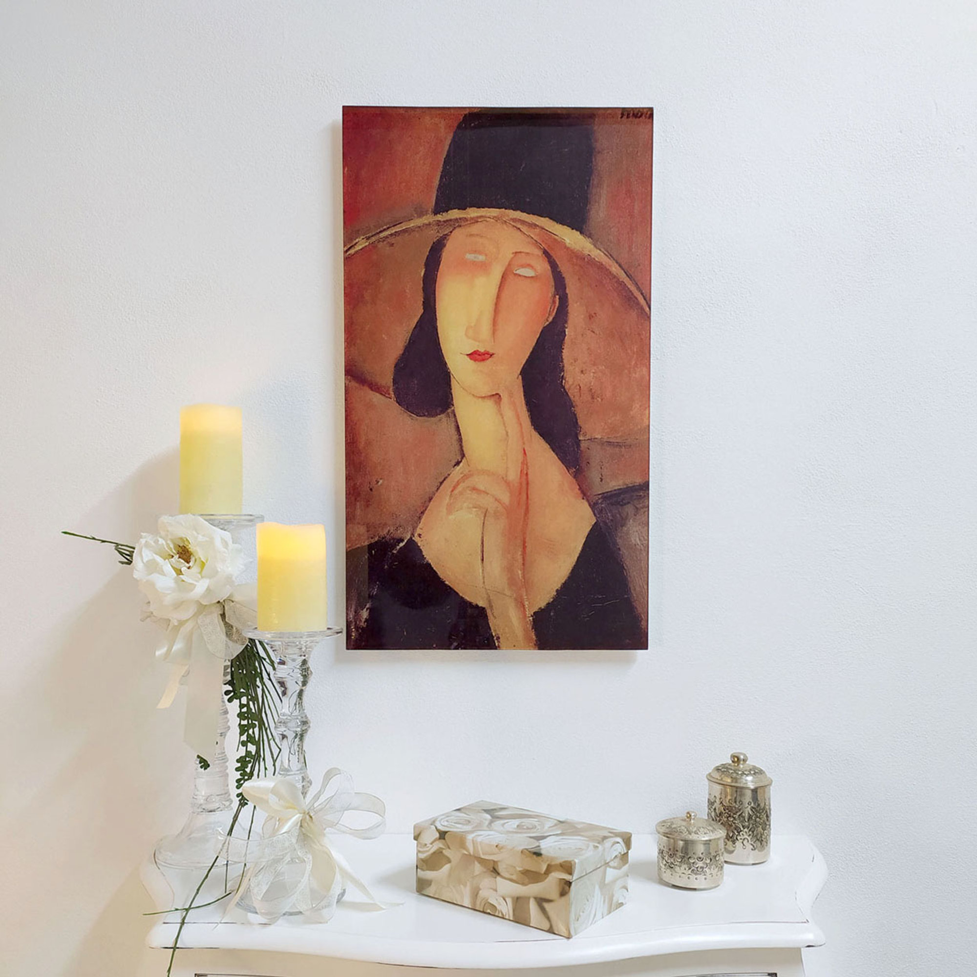 OPERE D'ARTE SU VETRO - Quadro con lavorazione in finitura bianca- Modigliani Ritratto di donna con cappello Florence Glass vista1