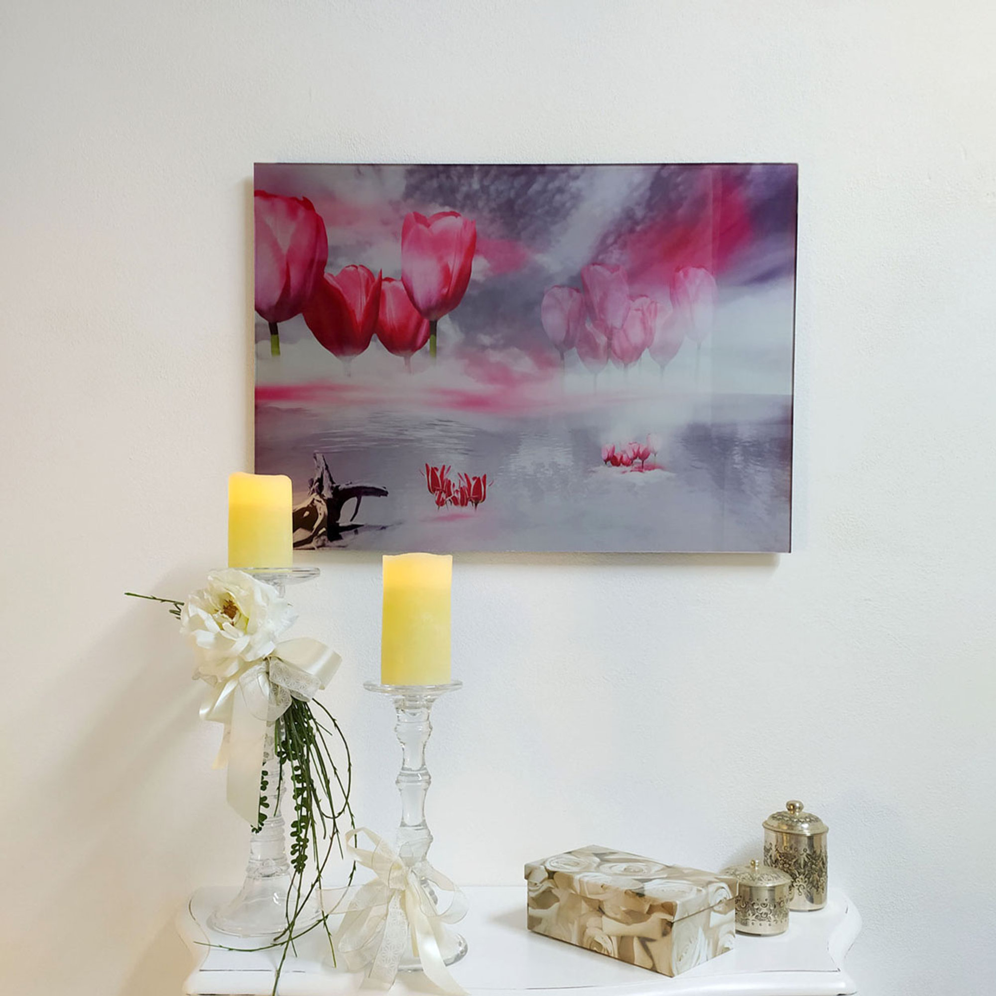 OPERE D'ARTE SU VETRO - Quadro con lavorazione in finitura polvere metallica argentata     - Fotografia Tulipani Florence Glass vista1