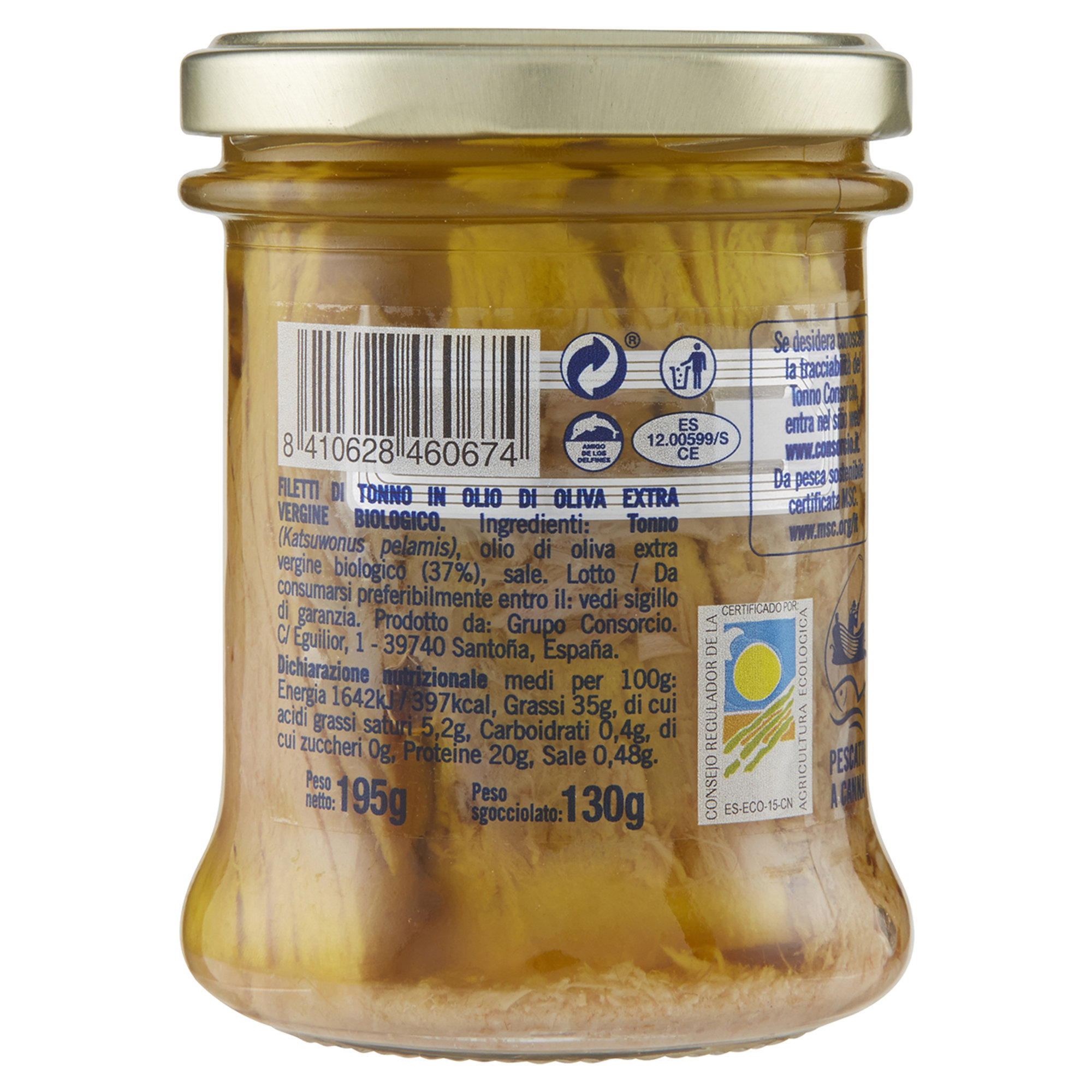 12 vasetti - Filetti di Tonno BIO in olio EVO MSC pescato a canna da 195 gr Consorcio vista3