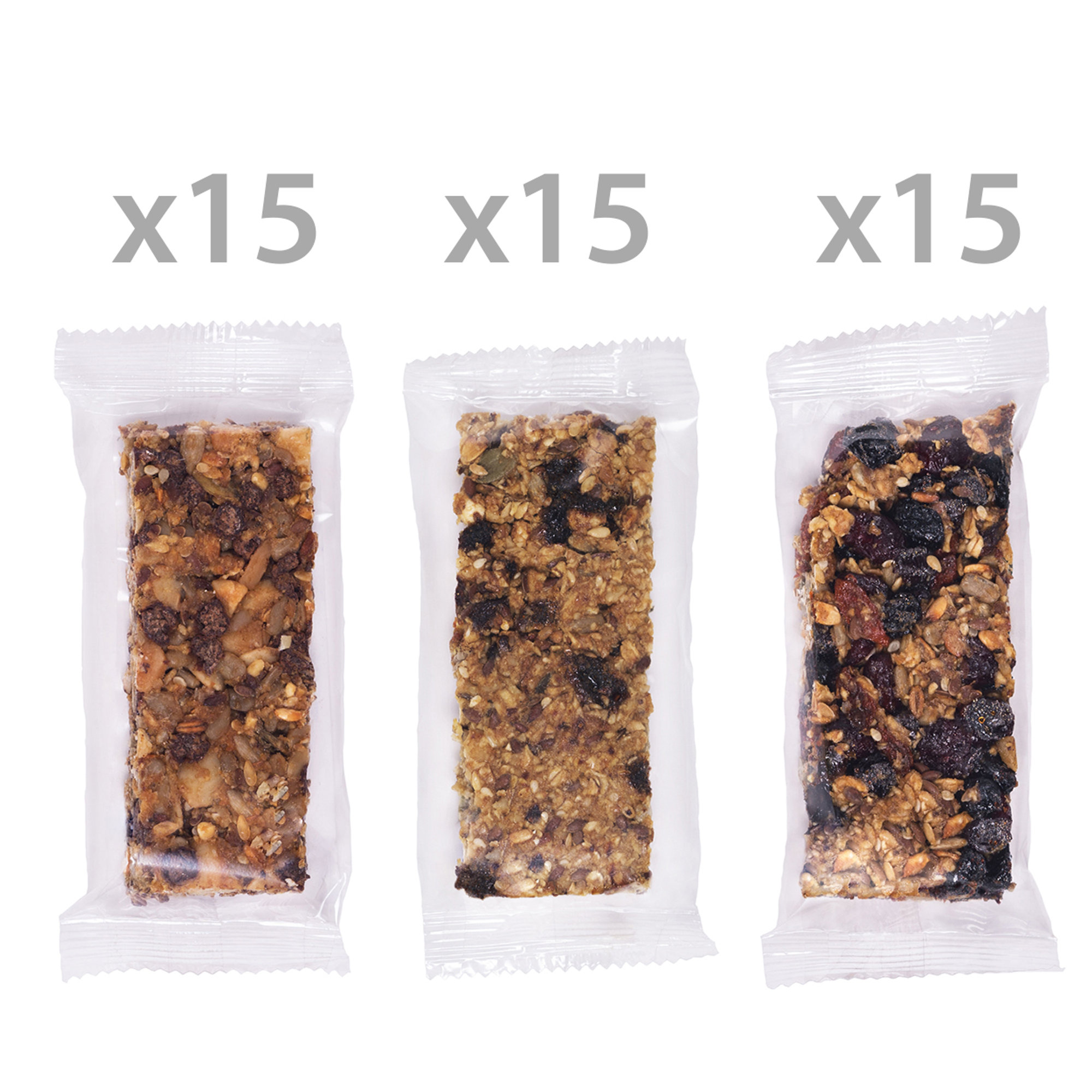 45 Barrette miste da 50 gr: 15 Bacche di Goji - 15 Frutti Rossi - 15 Mandorle e Cioccolato Fondente 62% Mulin d'Barot vista0