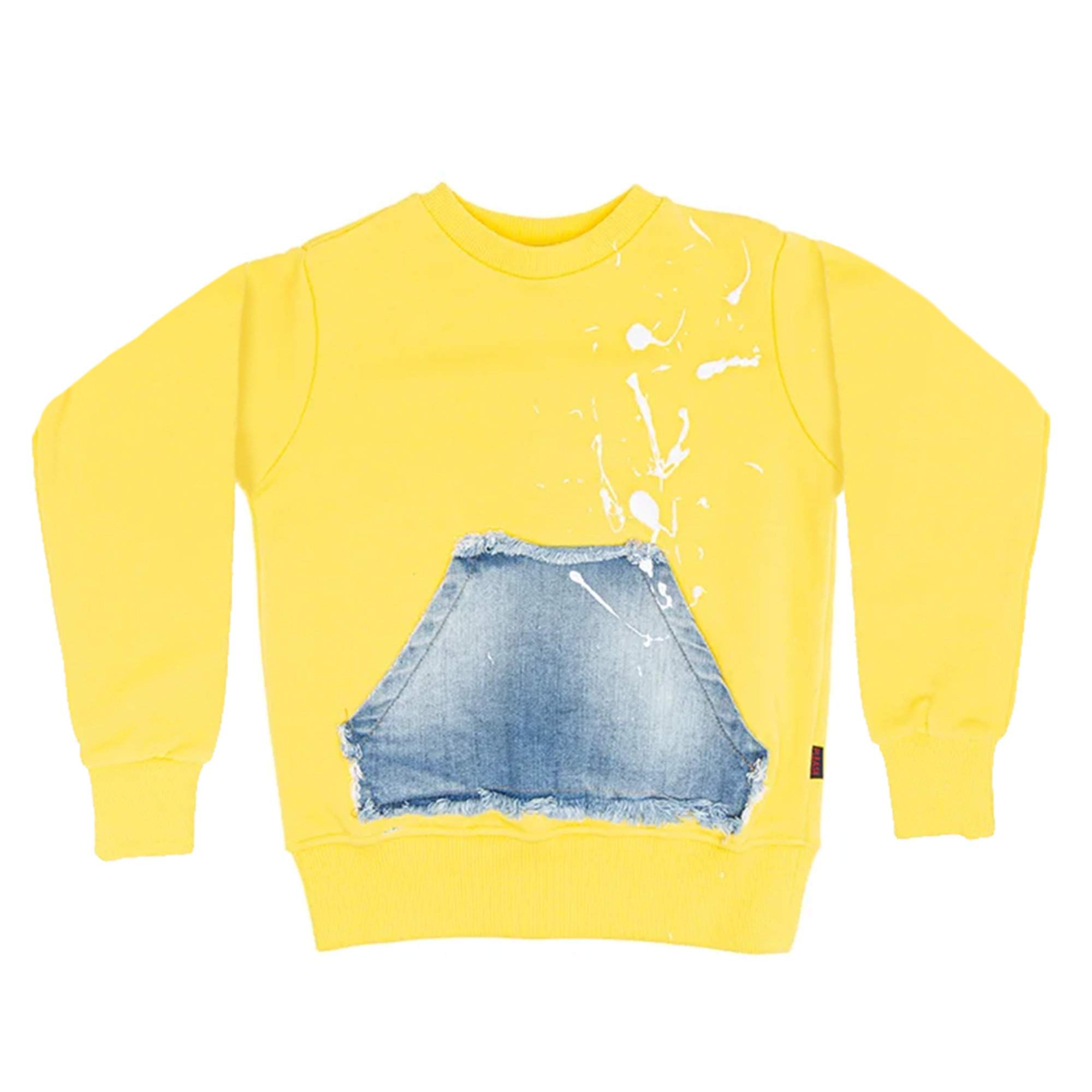 Felpa gialla con tasca denim e spruzzi simil vernice Please  vista0