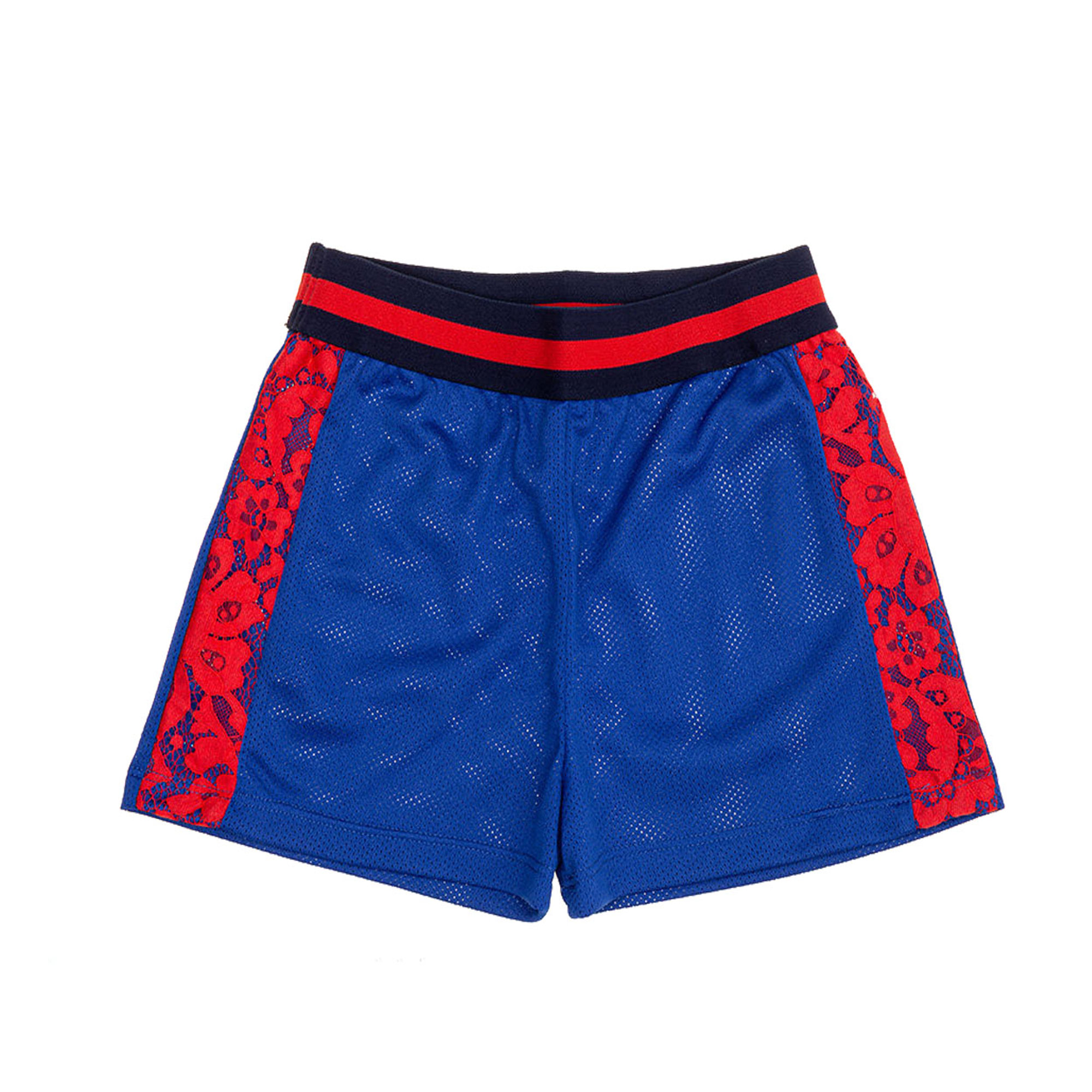 Short bimba in  tessuto bluette traforato con bande in pizzo Please  vista0