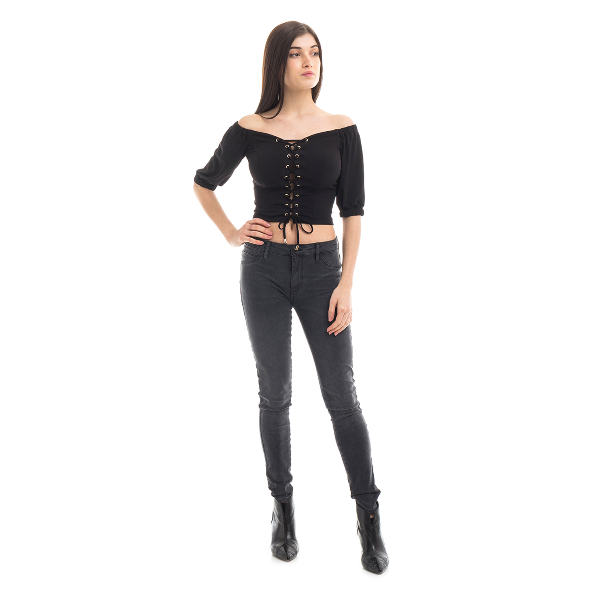 Top corto con motivo a corsetto nero Guess  vista1