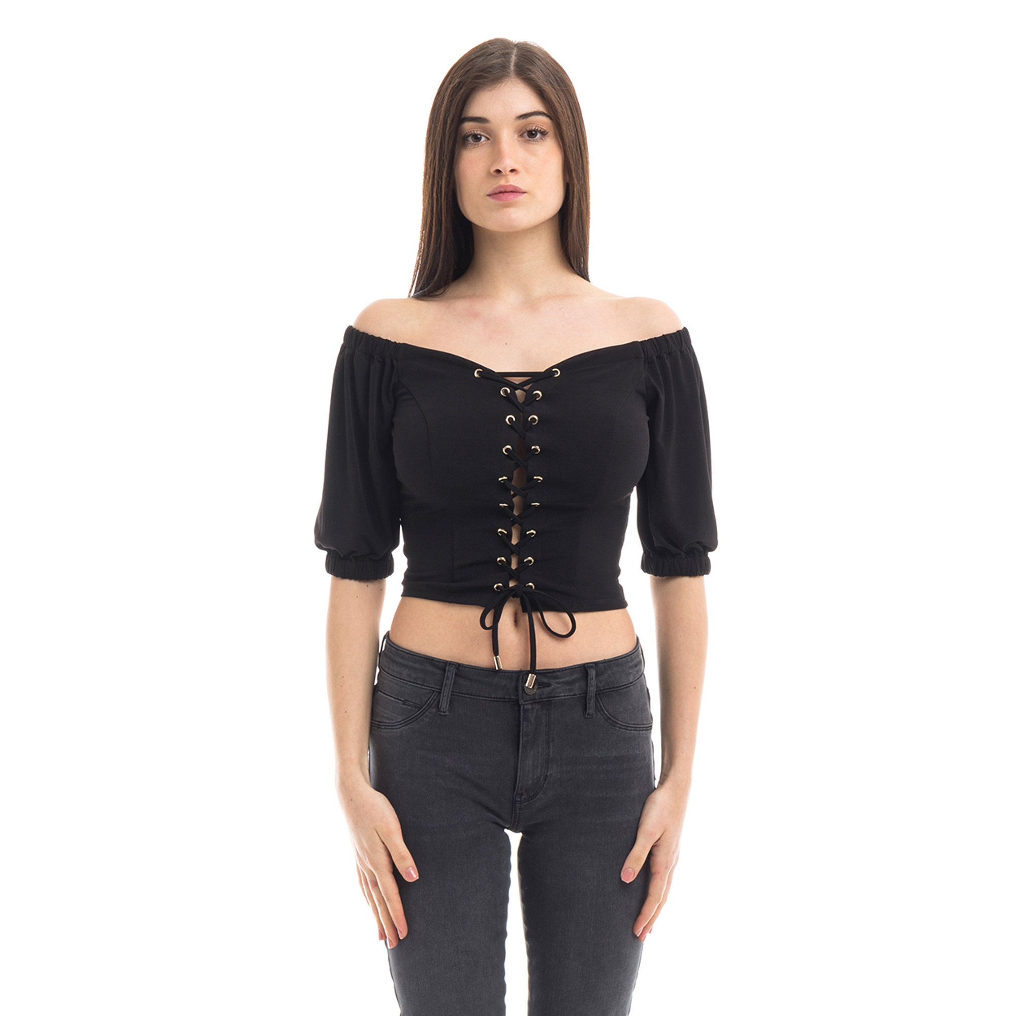 Top corto con motivo a corsetto nero Guess  vista0