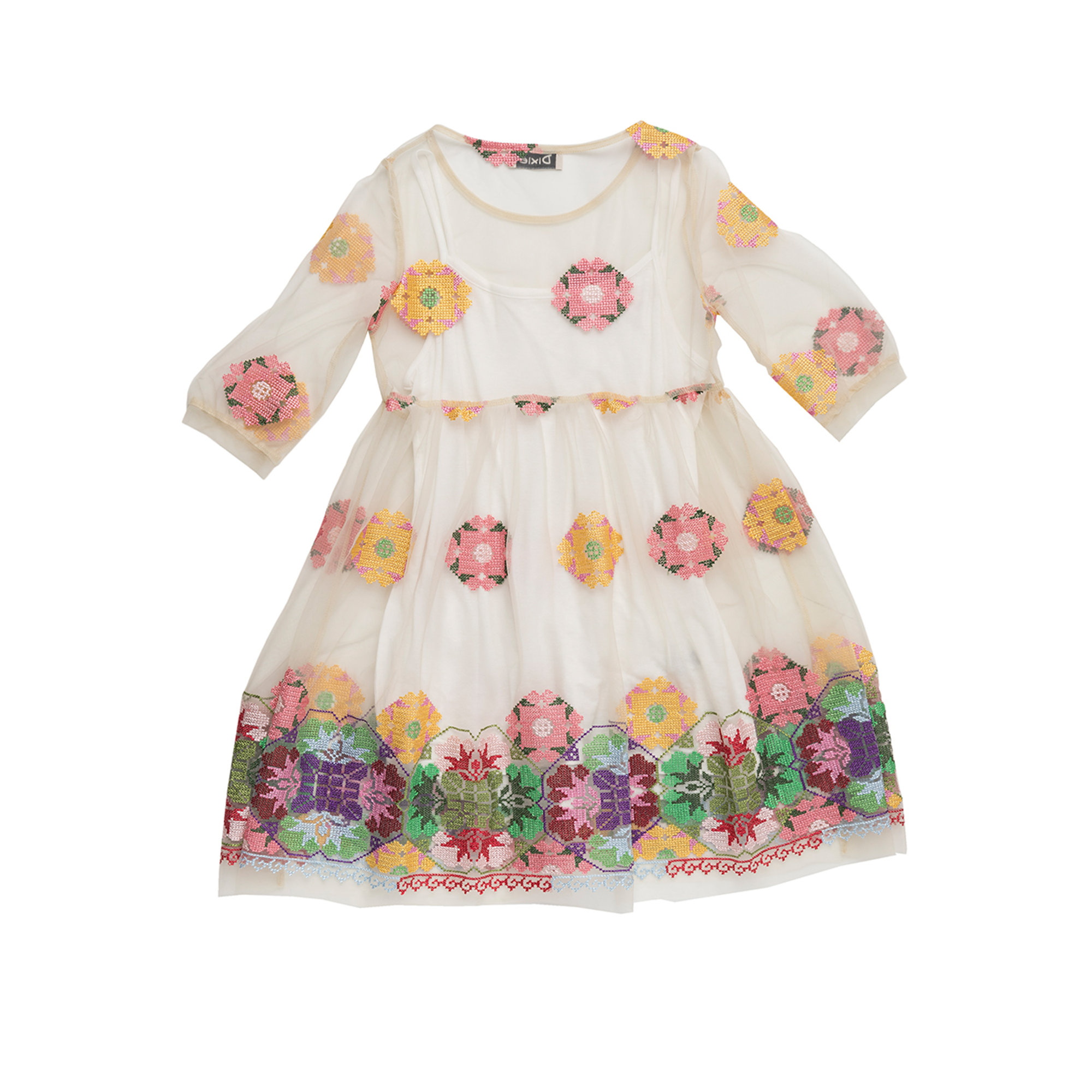 Abito trasparente in tulle a maniche lunghe con ricamo fiori colorati all over Dixie vista1