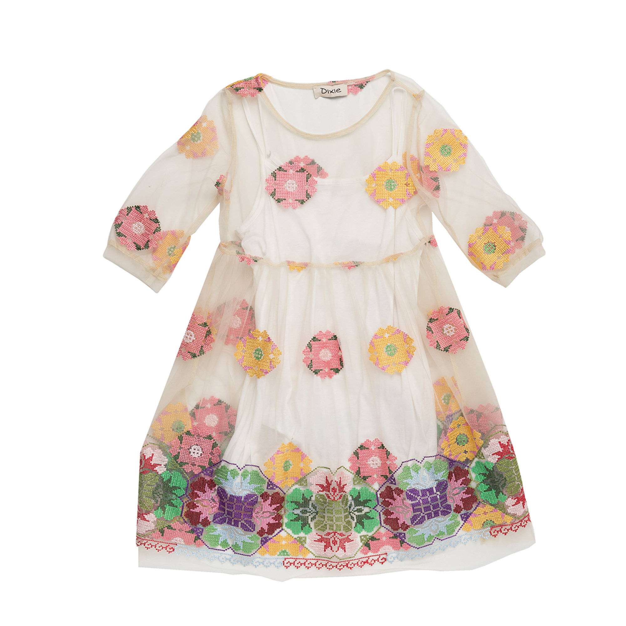 Abito trasparente in tulle a maniche lunghe con ricamo fiori colorati all over Dixie vista0