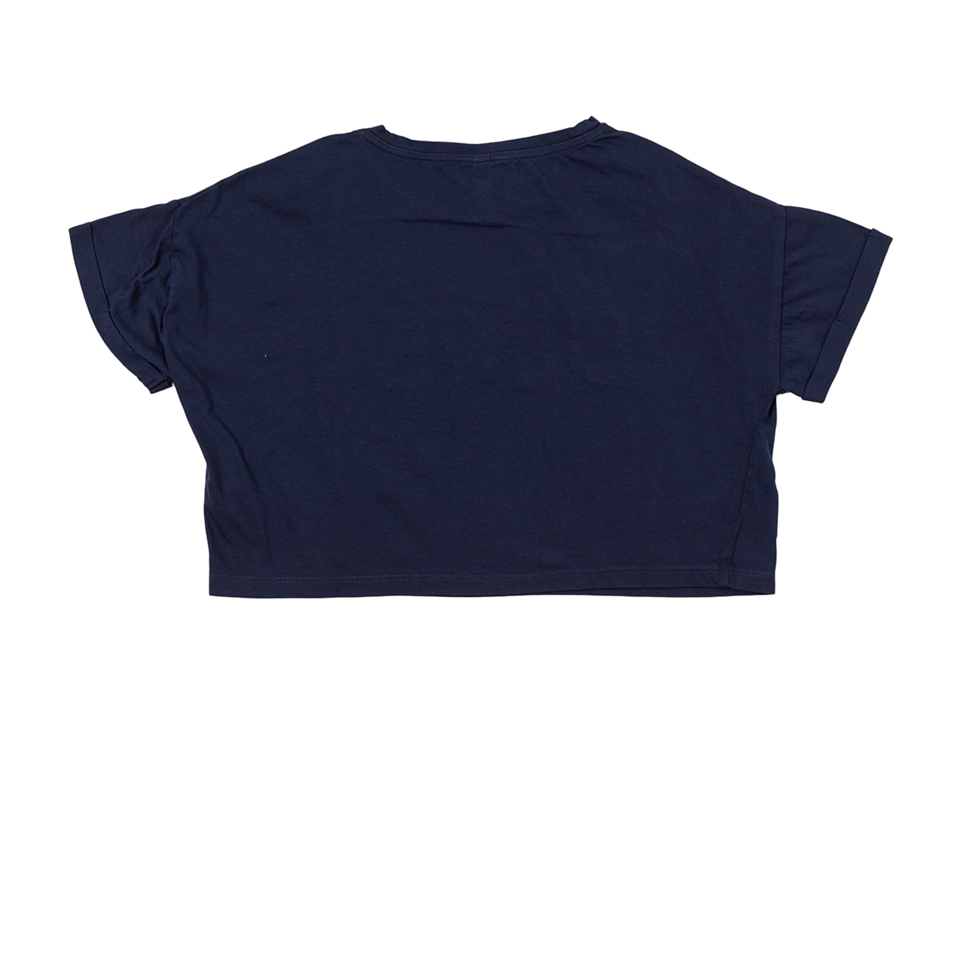 Crop top a maniche corte blu con logo traforato Dixie vista1