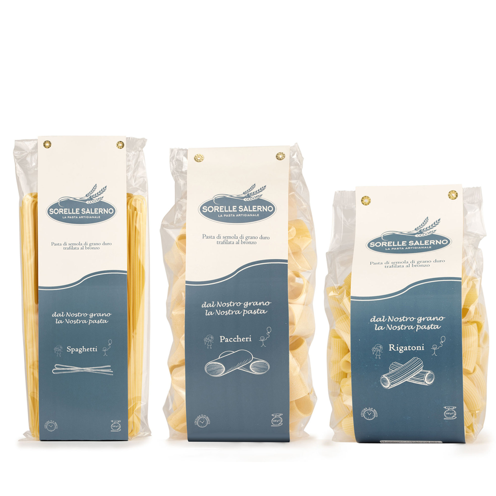 9 confezioni assortite da 500 gr: 3 Spaghetti - 3 Paccheri - 3 Rigatoni Sorelle Salerno vista0