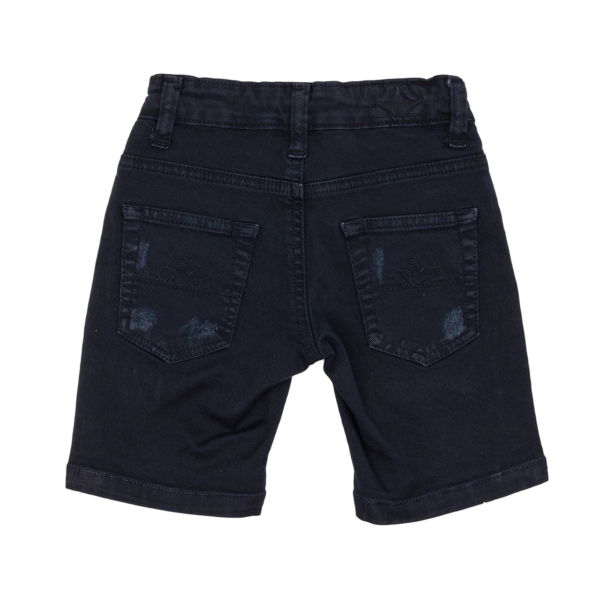 Short delavè in denim blu con rotture all over Macchia J vista1