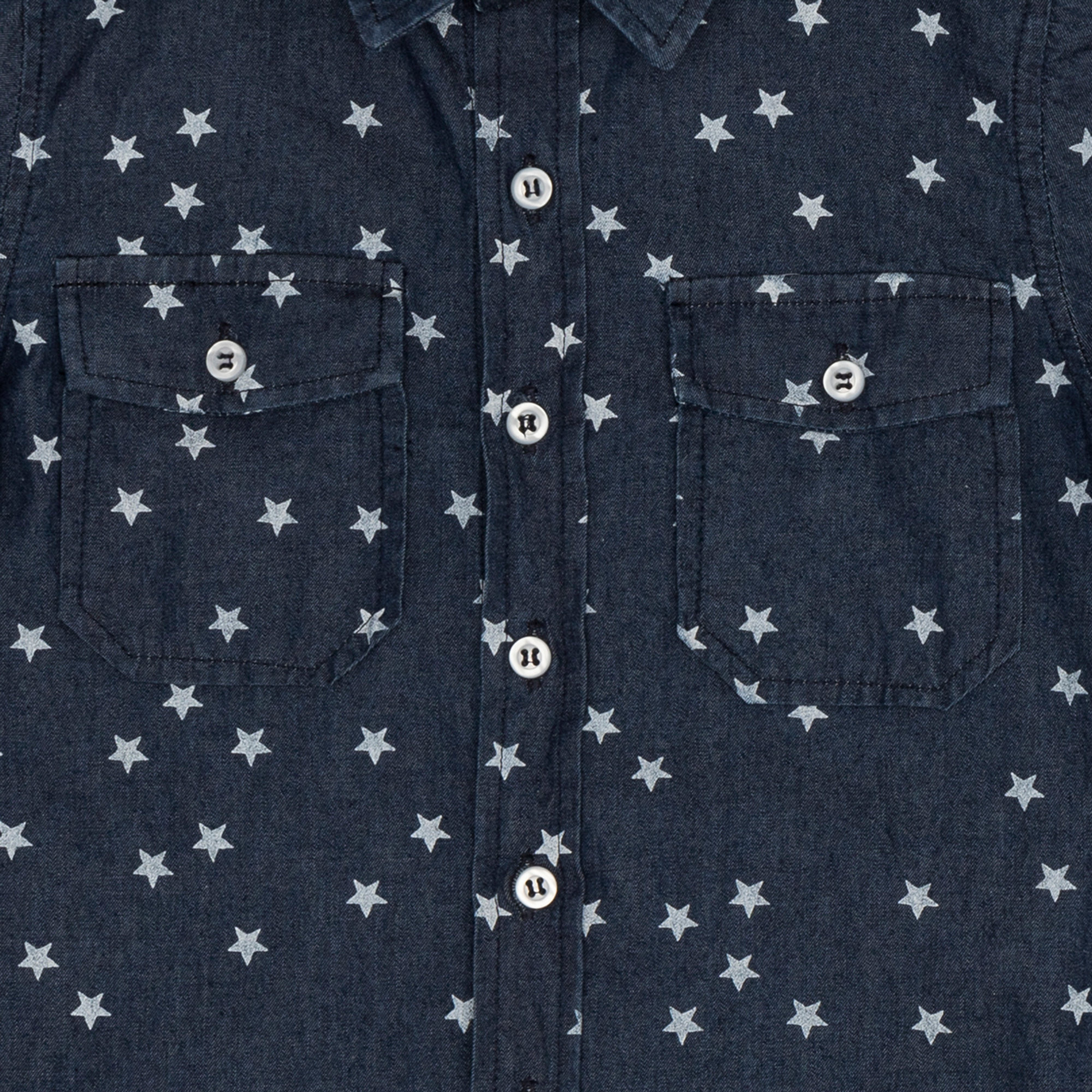 Camicia blu in cotone con stelle stampate all over Macchia J vista2