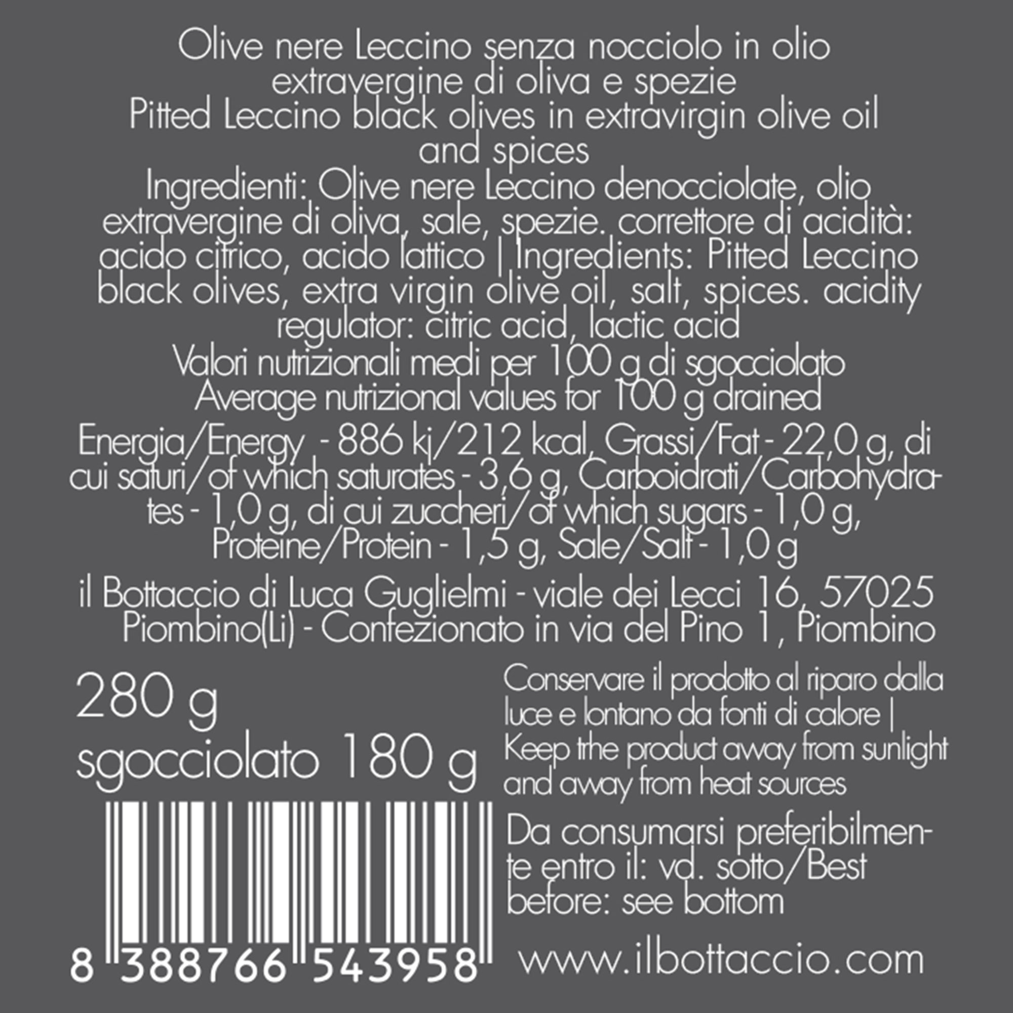 Udstenede Sorte Leccino Oliven i ekstra jomfruolivenolie 280 gr Il Bottaccio vista1