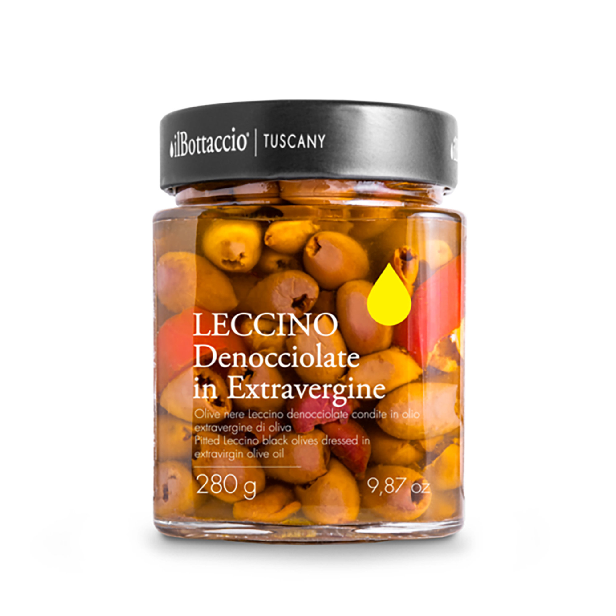 Udstenede Sorte Leccino Oliven i ekstra jomfruolivenolie 280 gr Il Bottaccio vista0
