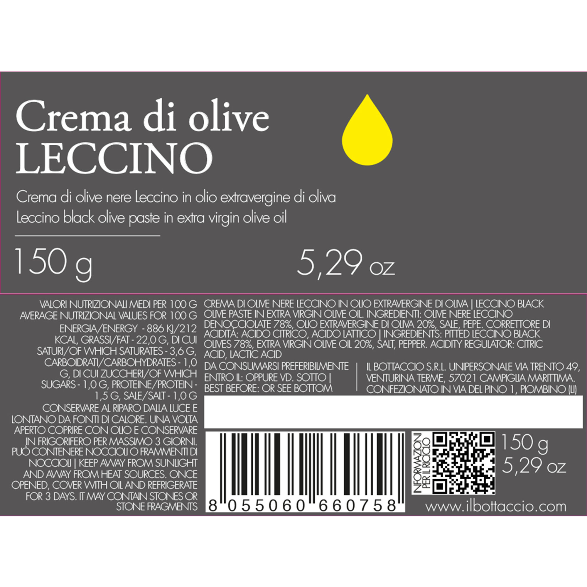 Crema de Aceitunas Leccino en aceite de oliva virgen extra 150 gr Il Bottaccio vista1