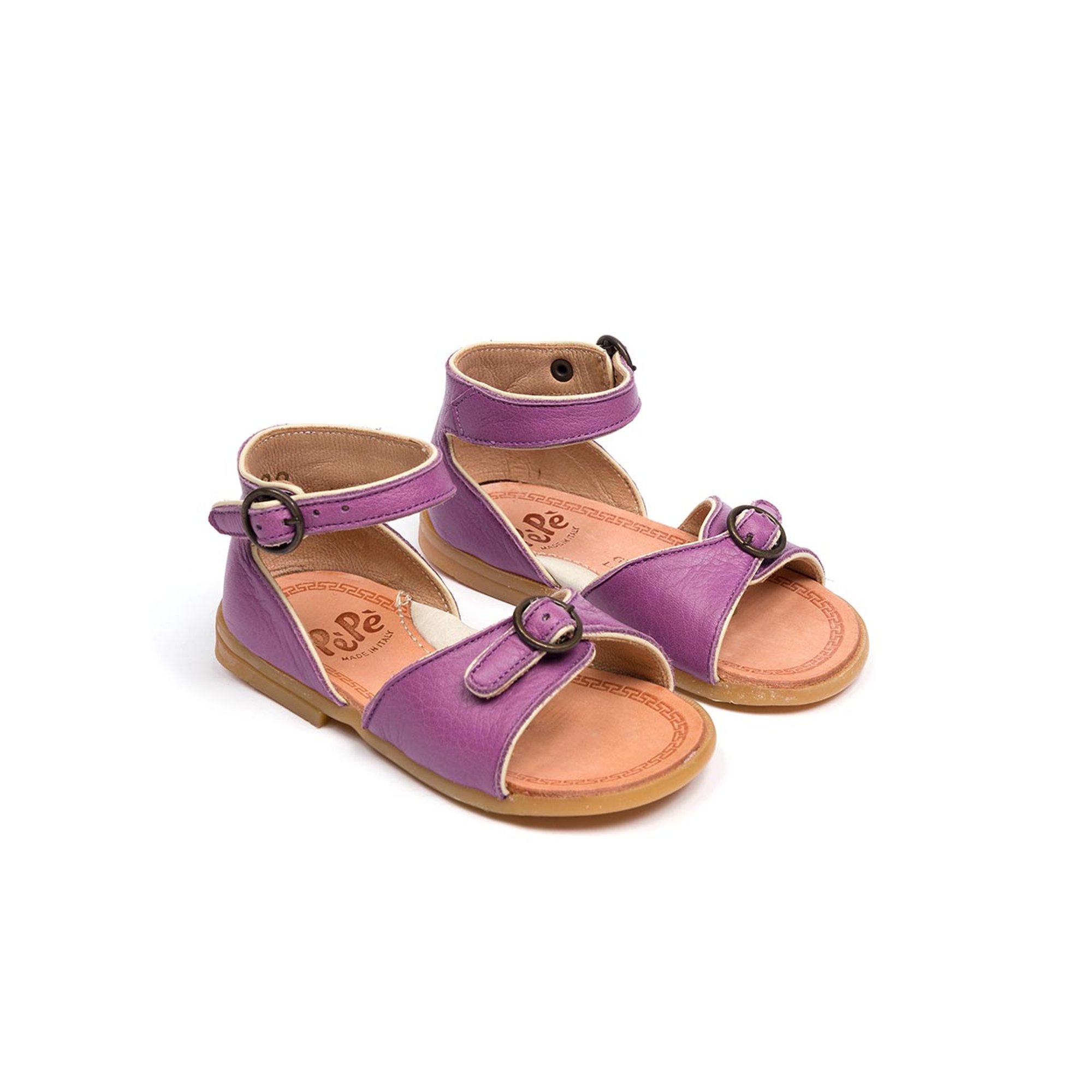 Sandalo con fascia e cinturino alla caviglia, due fibbie viola Pepè shoes vista0