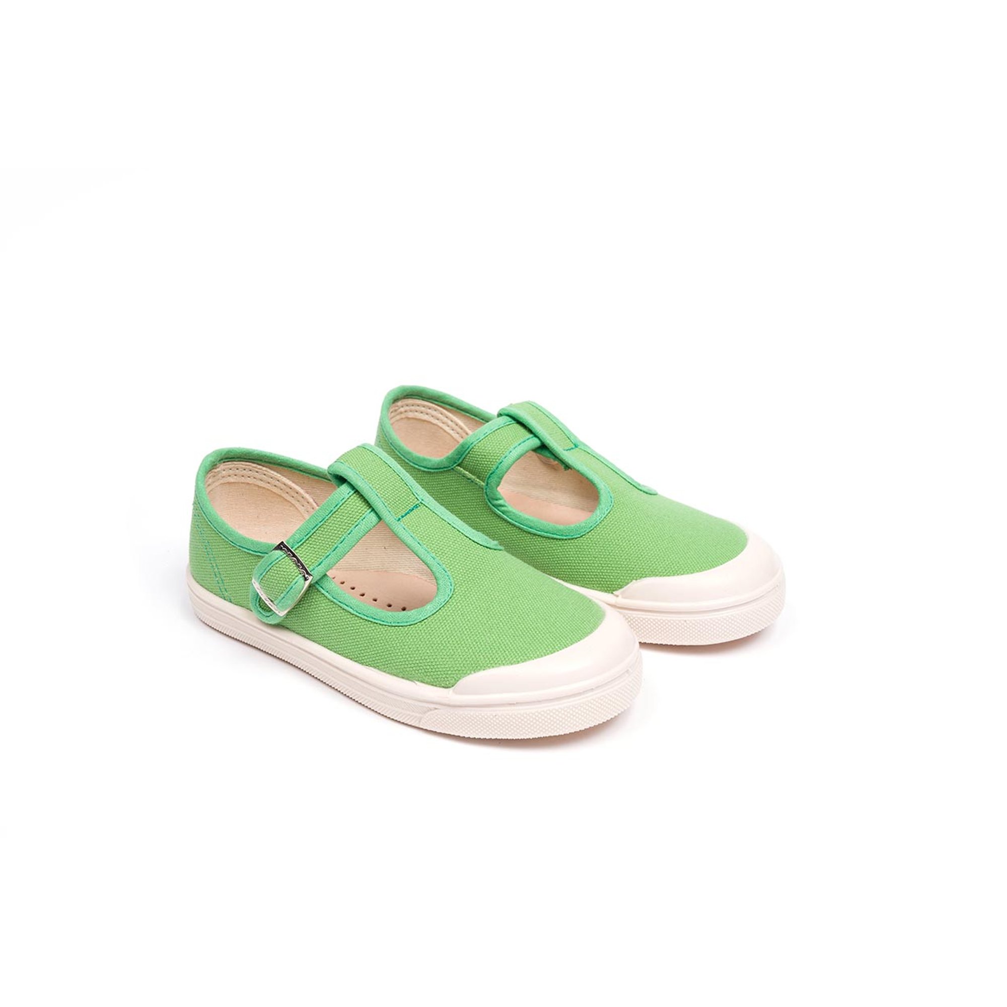 Bebe' con occhielli in tessuto con fibbia, fondo gomma verde Pepè shoes vista0