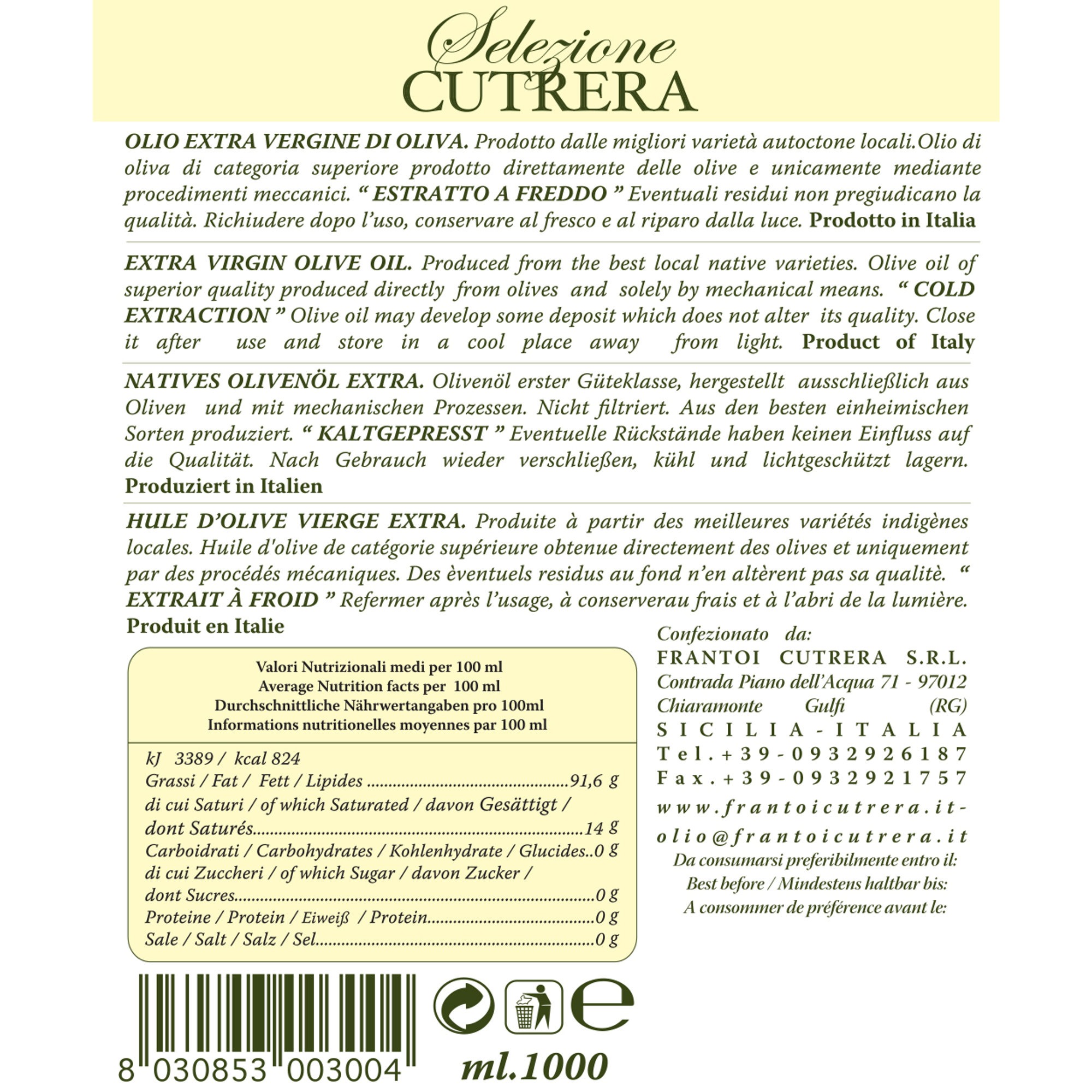 6 bottiglie 1 lt - Olio EVO Selezione Cutrera Frantoi Cutrera vista1