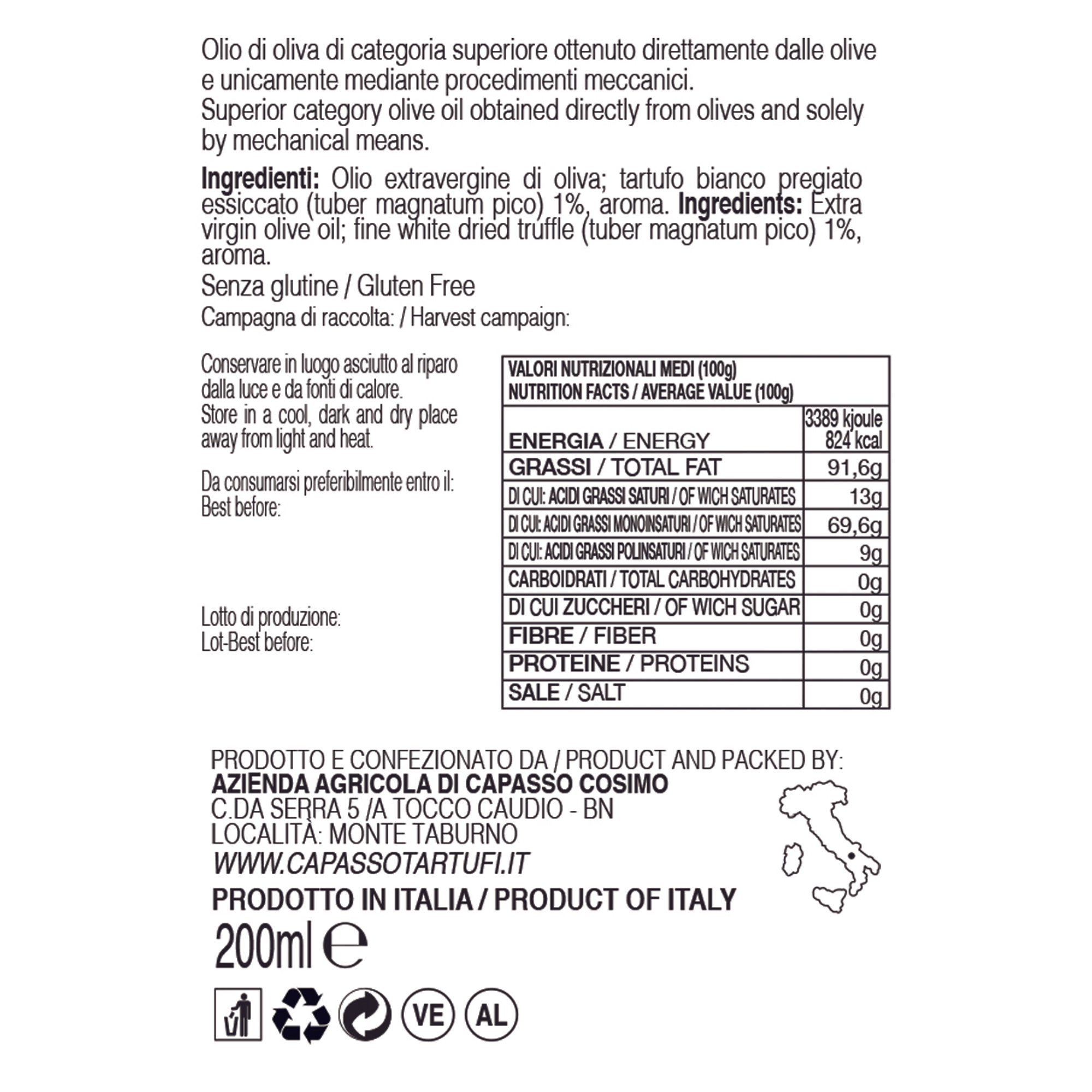 1 bottiglia - Olio al Tartufo bianco 200 ml Capasso Tartufi vista1