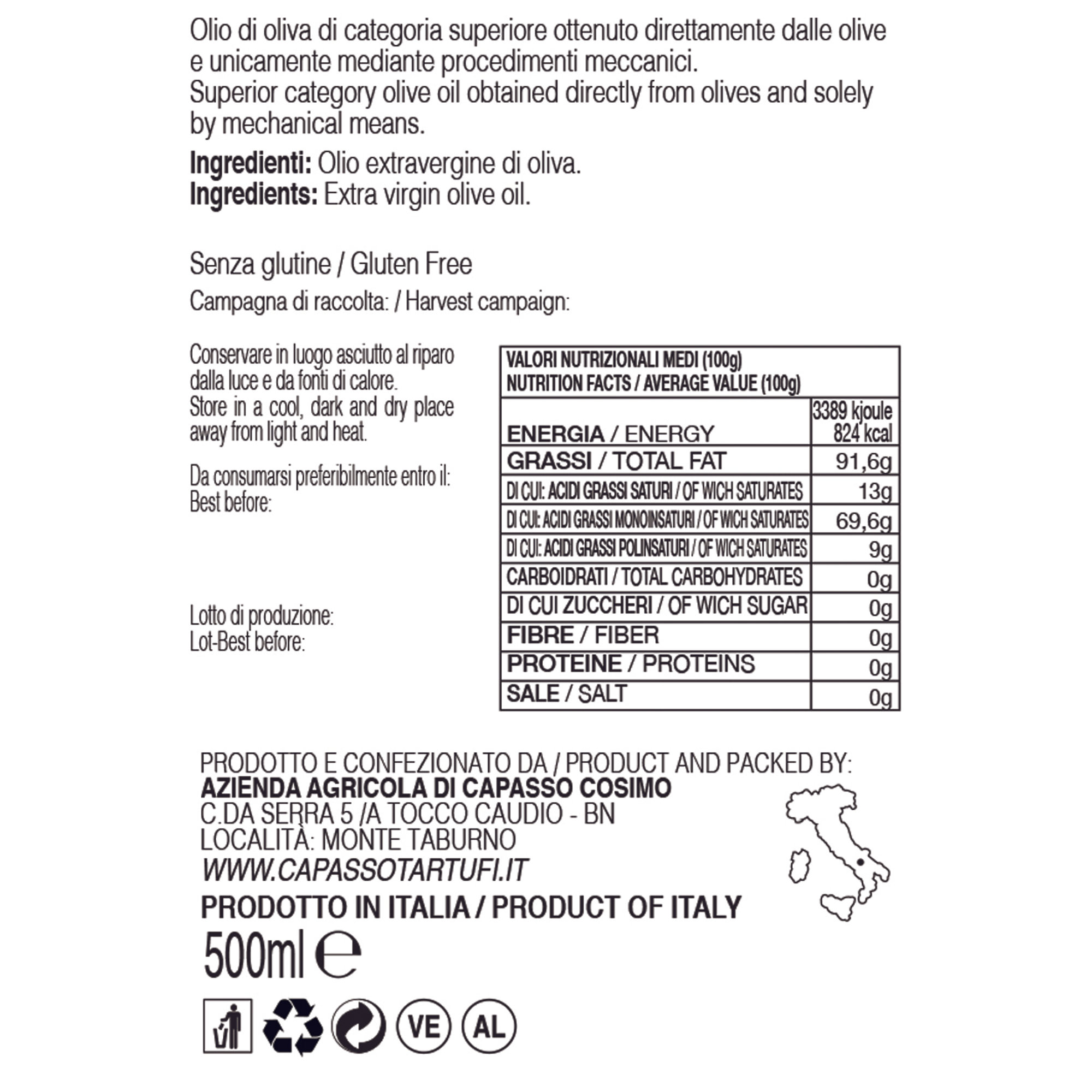 1 bottiglia - Olio Extravergine di oliva 100% Italiano 500 ml Capasso Tartufi vista1