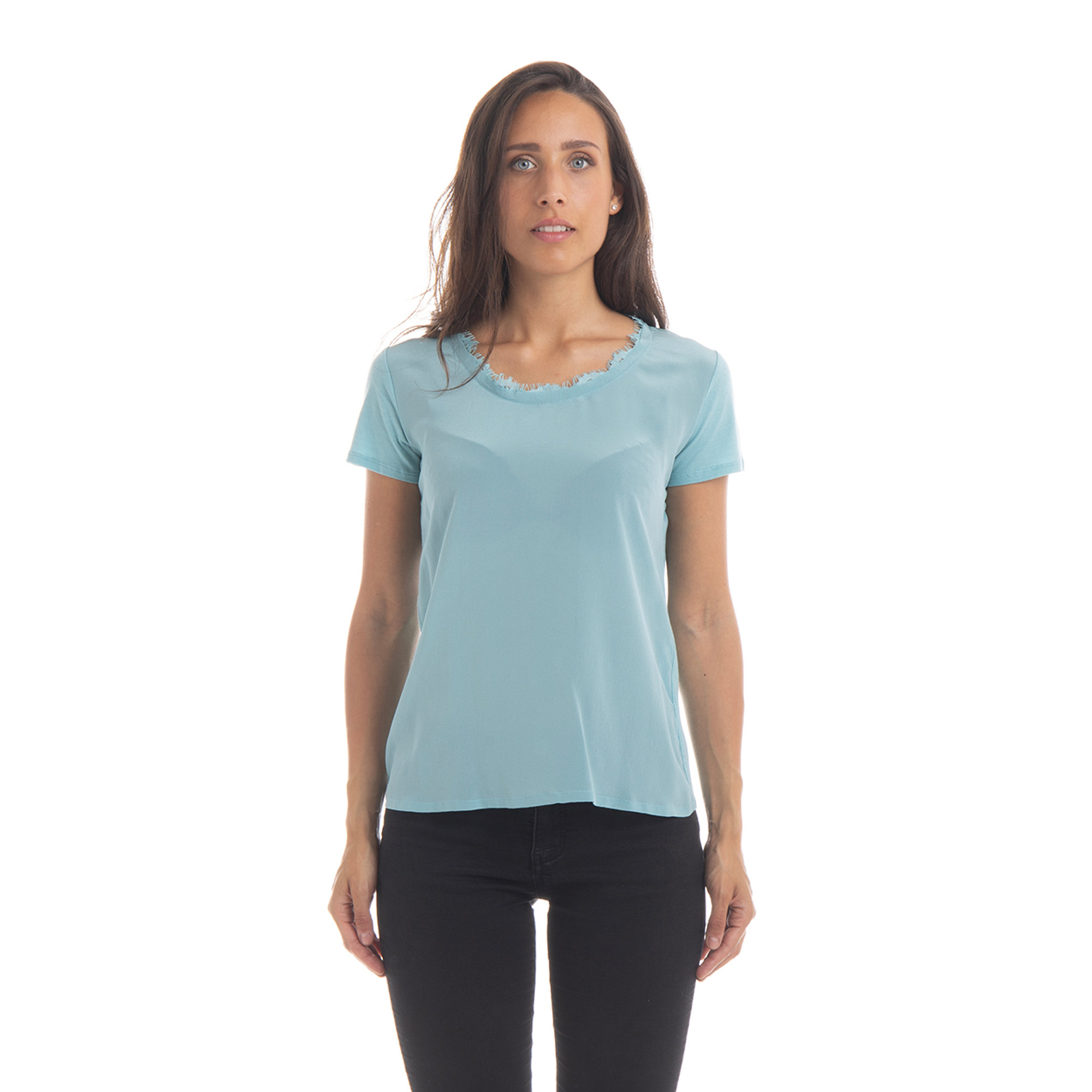 T-shirt in cotone con pizzo cul girocollo blu Twinset vista0