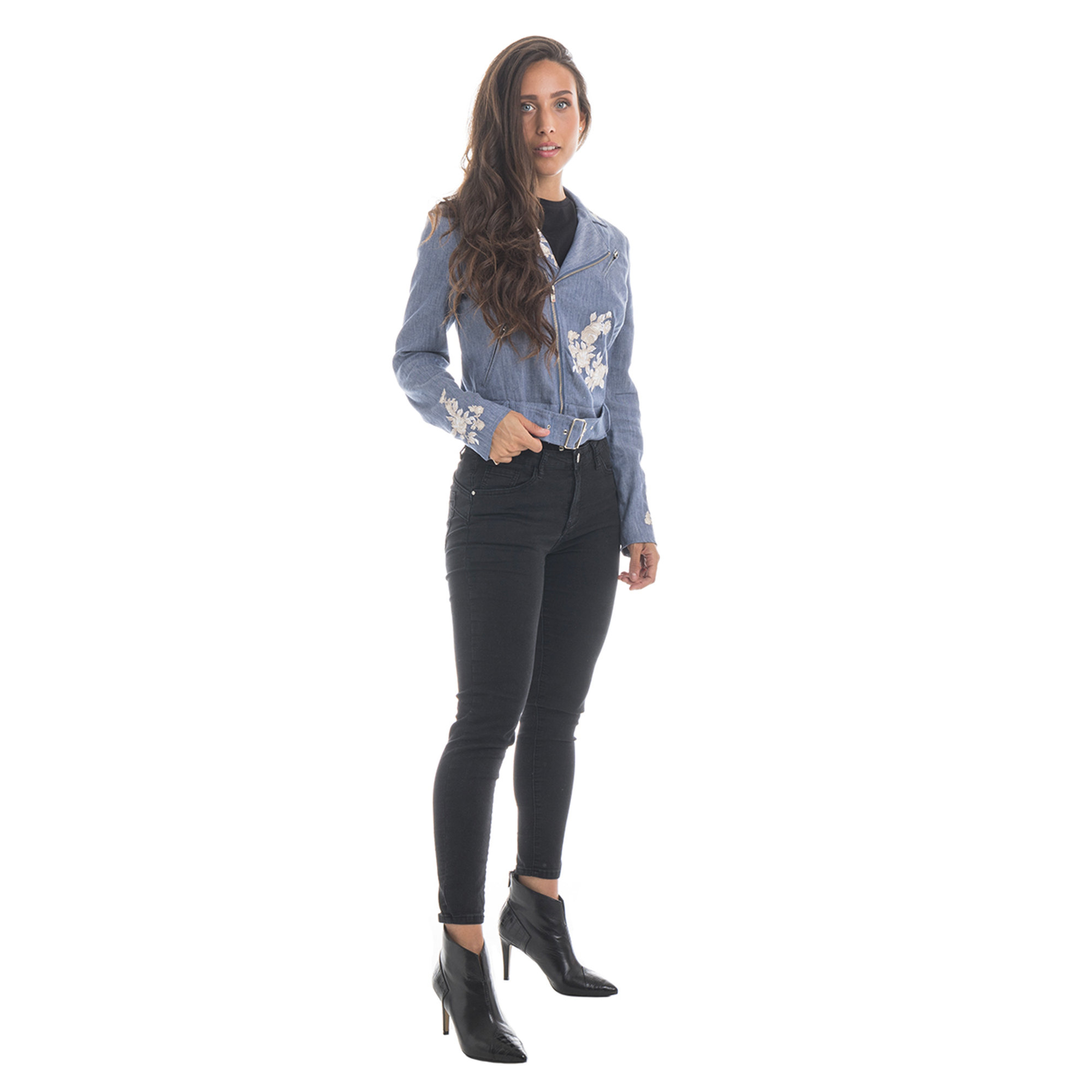 Chiodo in tessuto denim con zip e ricami floreali blu Twinset vista1
