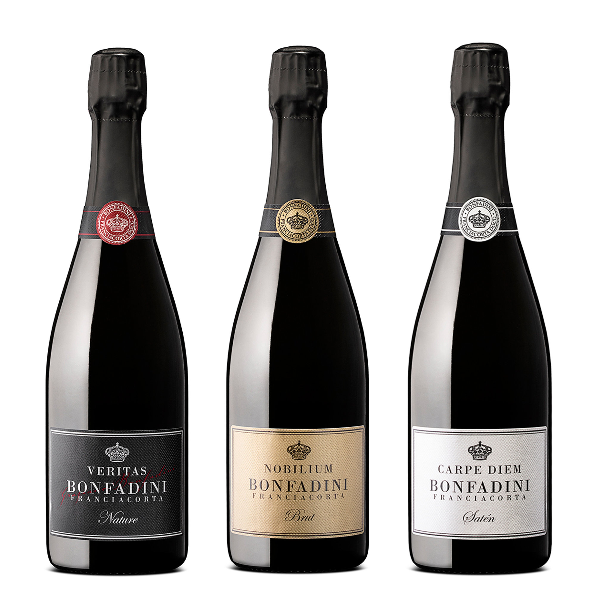 3 bottiglie miste: "Veritas" Franciacorta Nature DOCG - "Nobiliumhttps://www.ventis.it/enogastronomia/b/bonfadini/" Franciacorta Brut DOCG - "Carpe Diem" Franciacorta Saten DOCG Bonfadini vista0