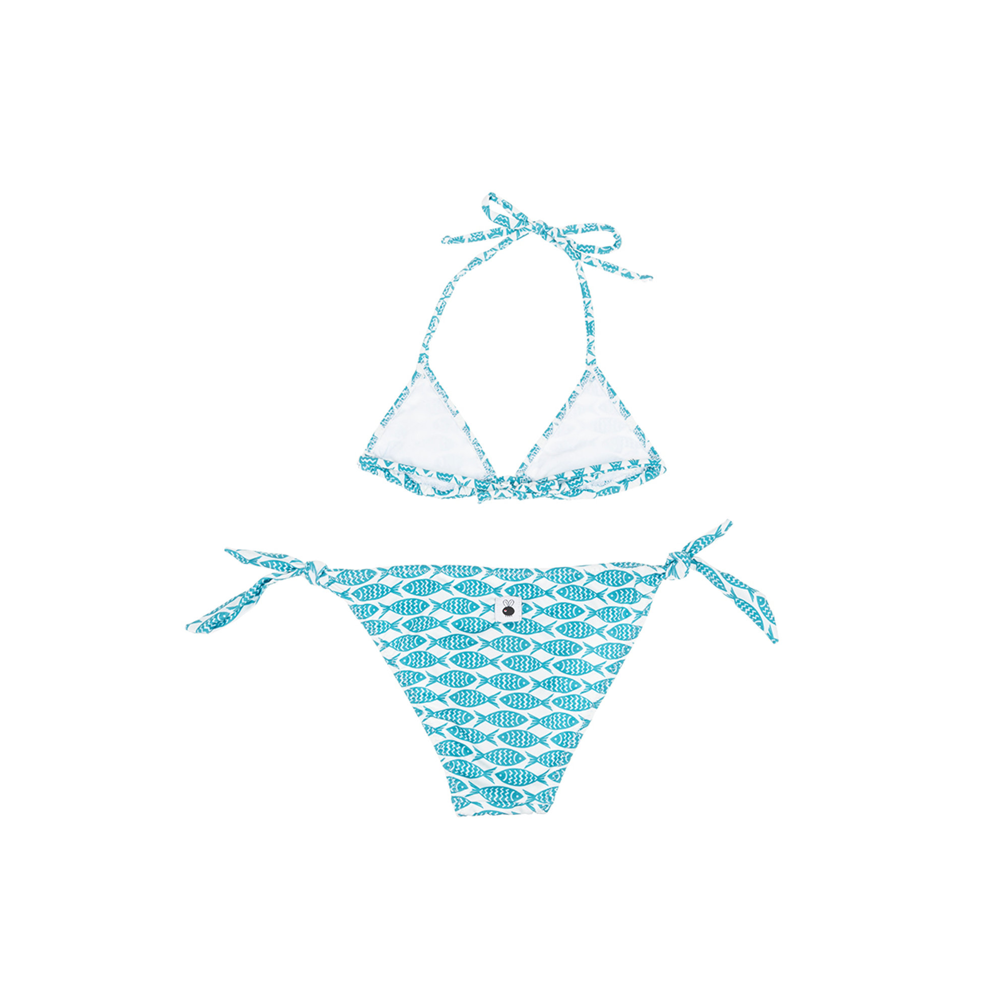 Bikini con triangolo fantasia con pesciolini multicolor Le mosche in bianco vista1